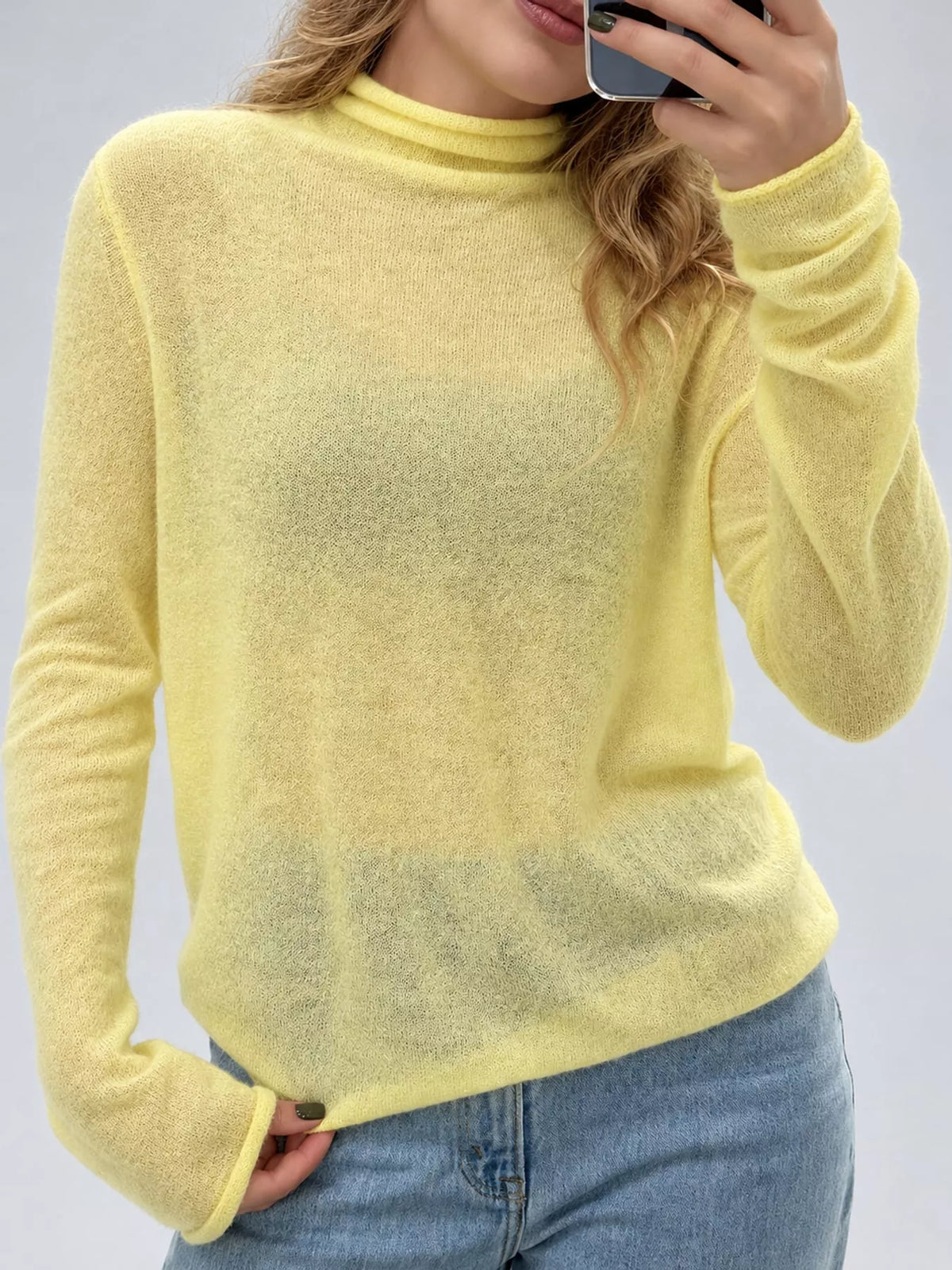 Women's Sheer Turtleneck Knit Top in yellow — front view