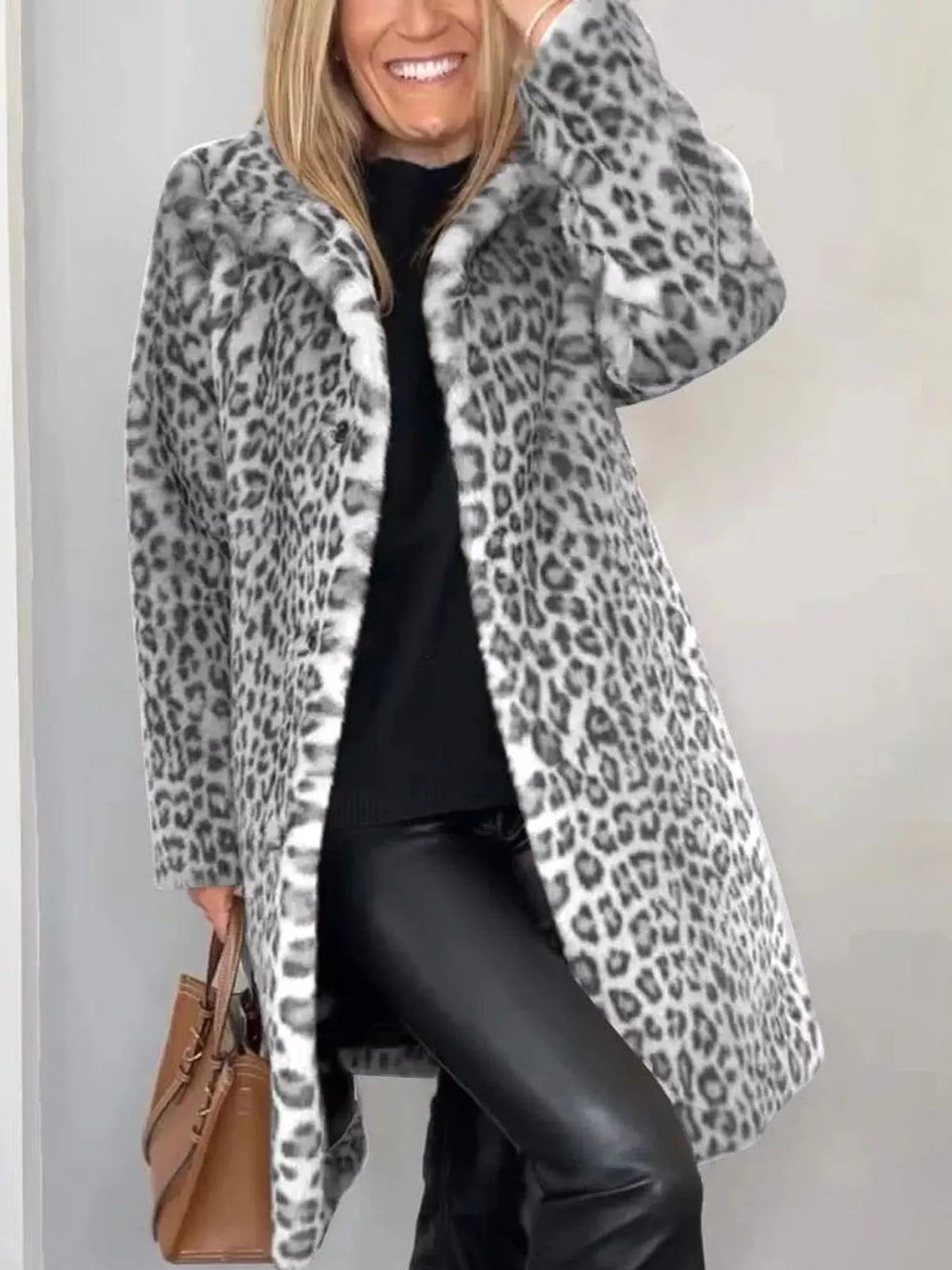 Open Front Leopard Print Faux Fur Jacket — front view