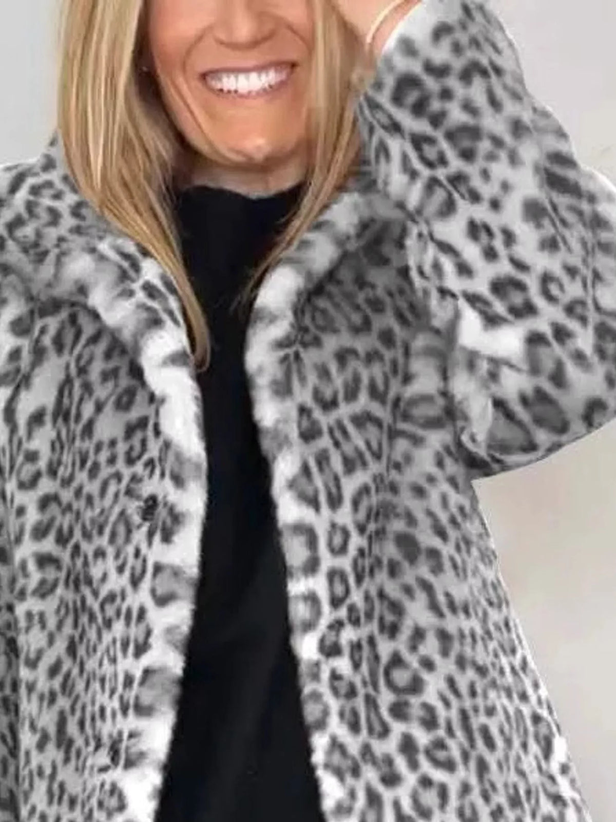 Open Front Leopard Print Faux Fur Jacket — construction details