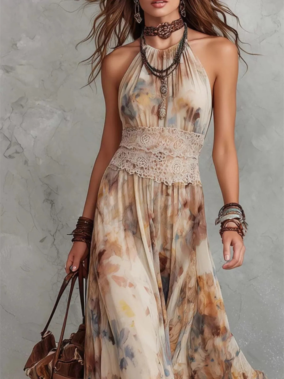 Trendsi Floral Print Halter Neck Maxi Dress -