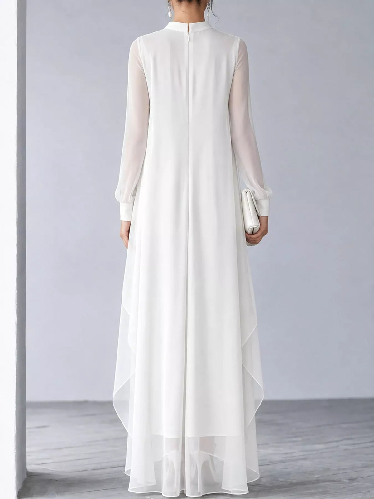Sheer Sleeve Chiffon Layered Maxi Dress, back view in white
