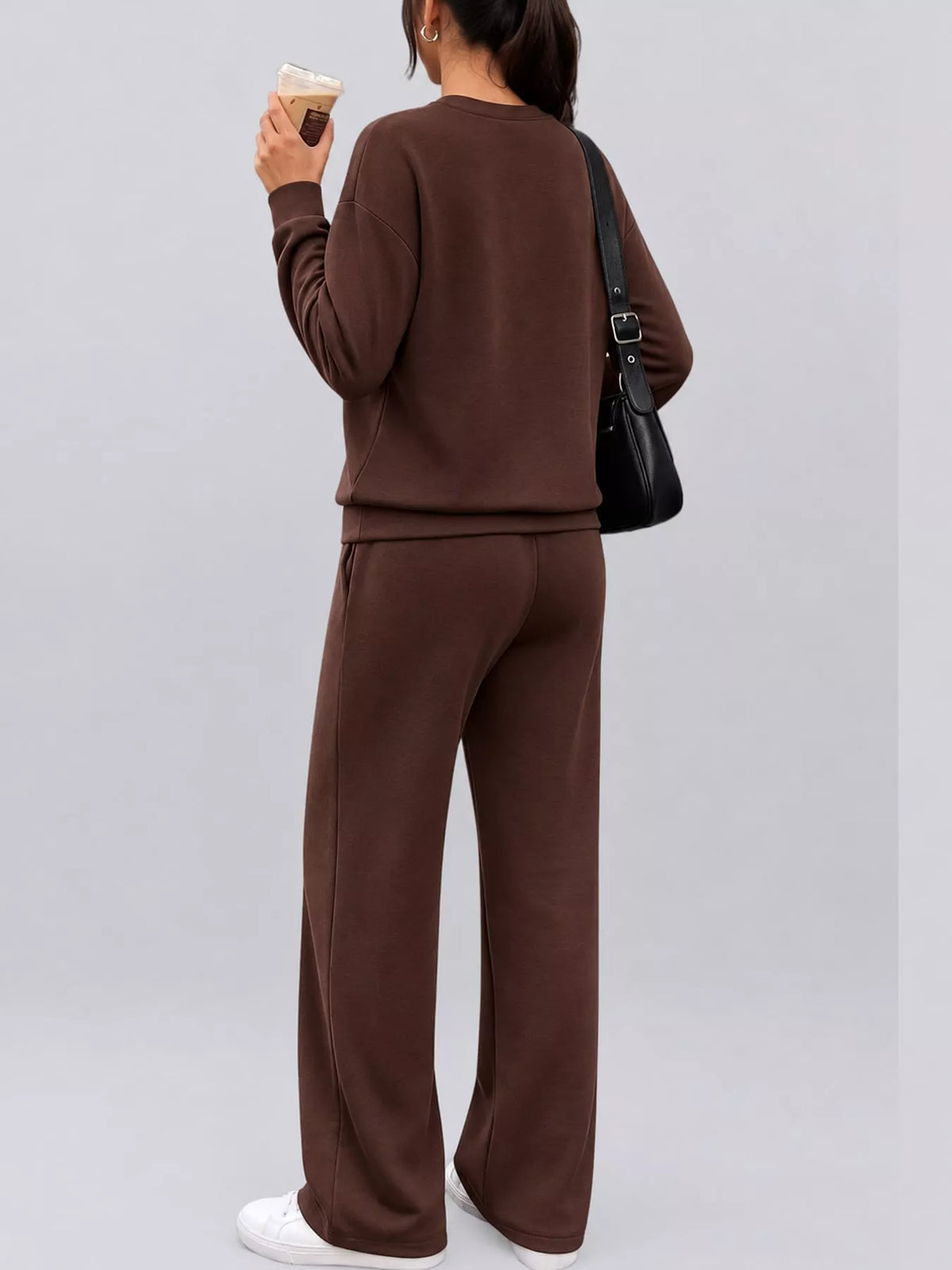 Brown button detail top and wide-leg pants set — back view