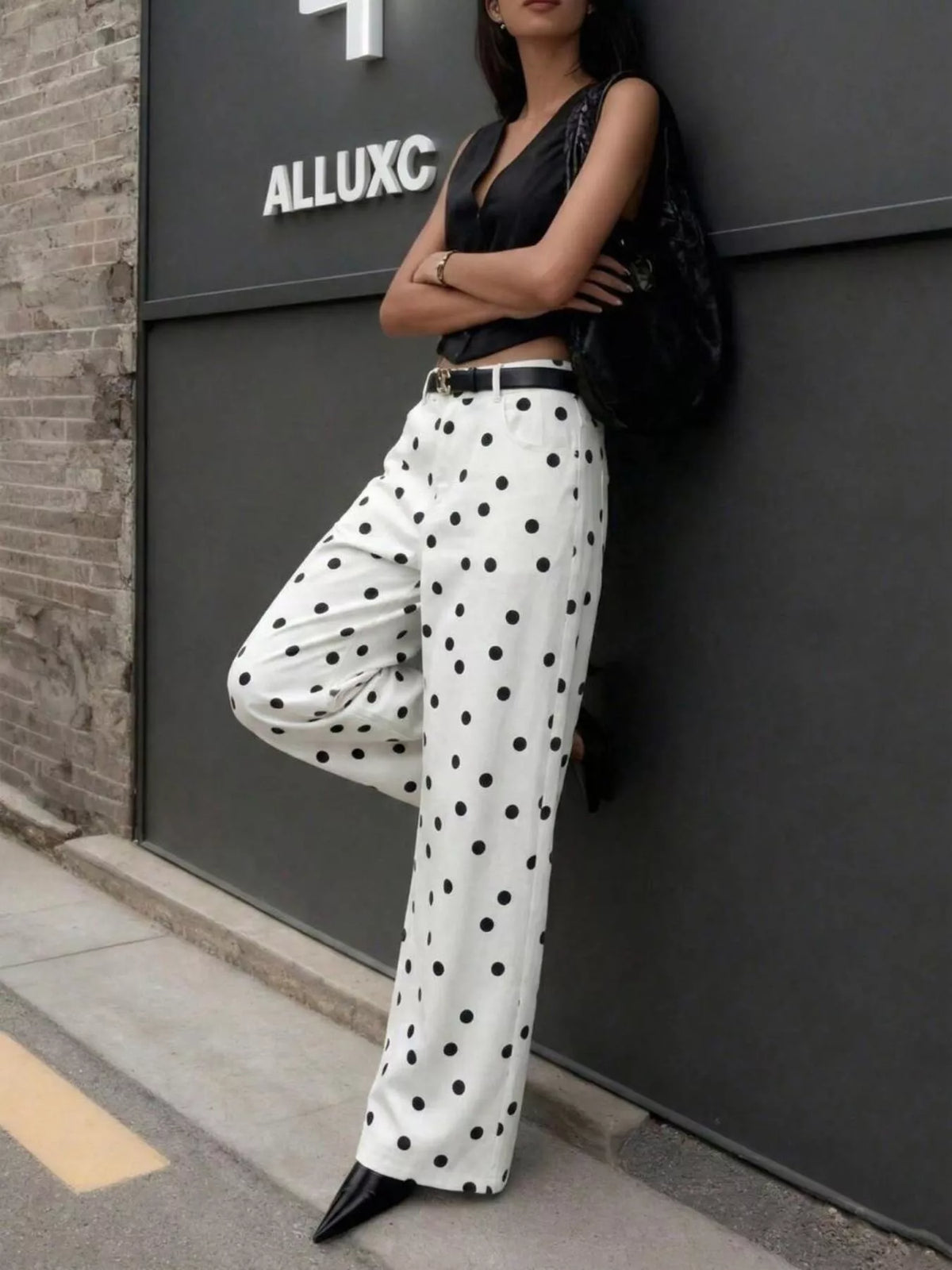 White high-waisted polka dot wide-leg pants