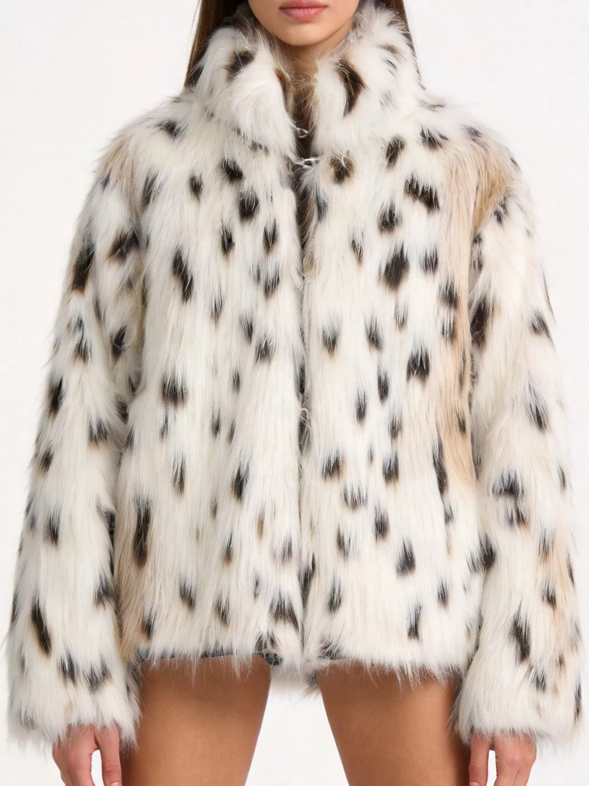 White and black leopard-print leopard faux fur turtleneck jacket