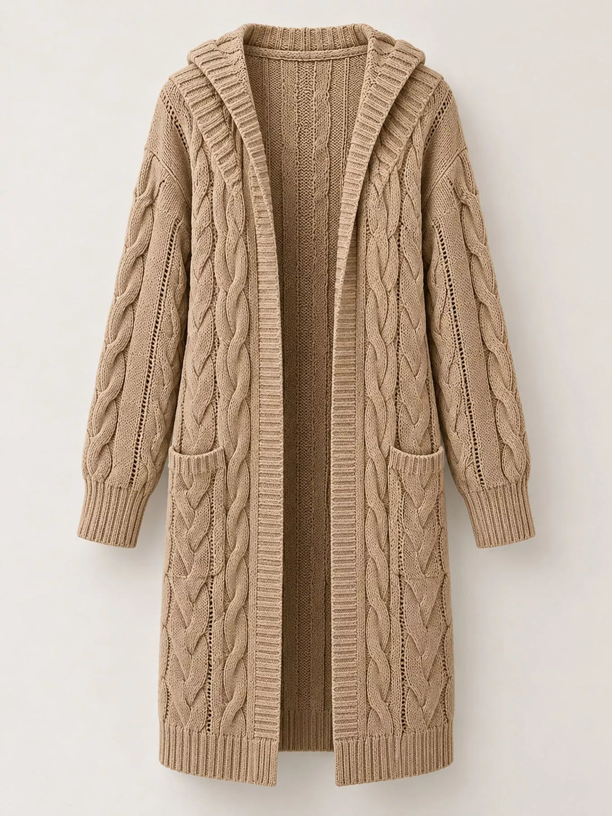 Hooded Cable Knit Longline Cardigan in beige
