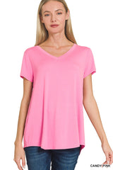Trendsi Zenana Rayon Short Sleeve V-neck Round Hem Top -