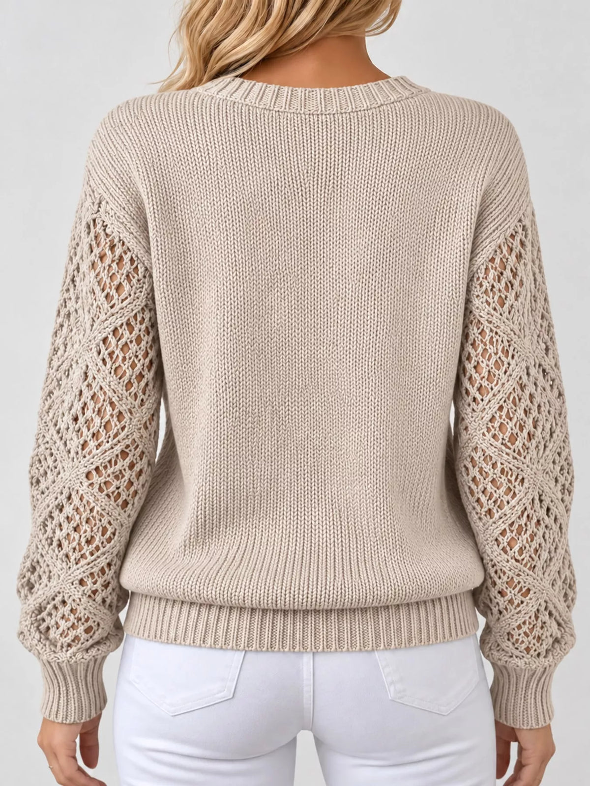 Beige v neck openwork long sleeve sweater, back view