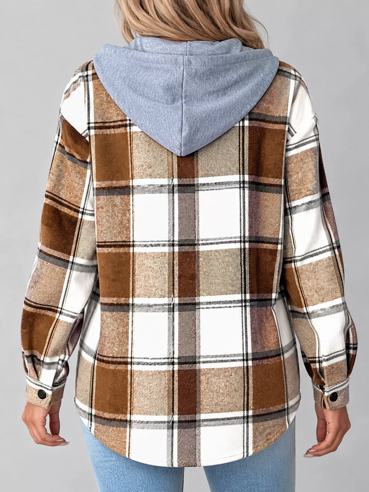Button-Down Printed Contrast Hooded Shacket — back view