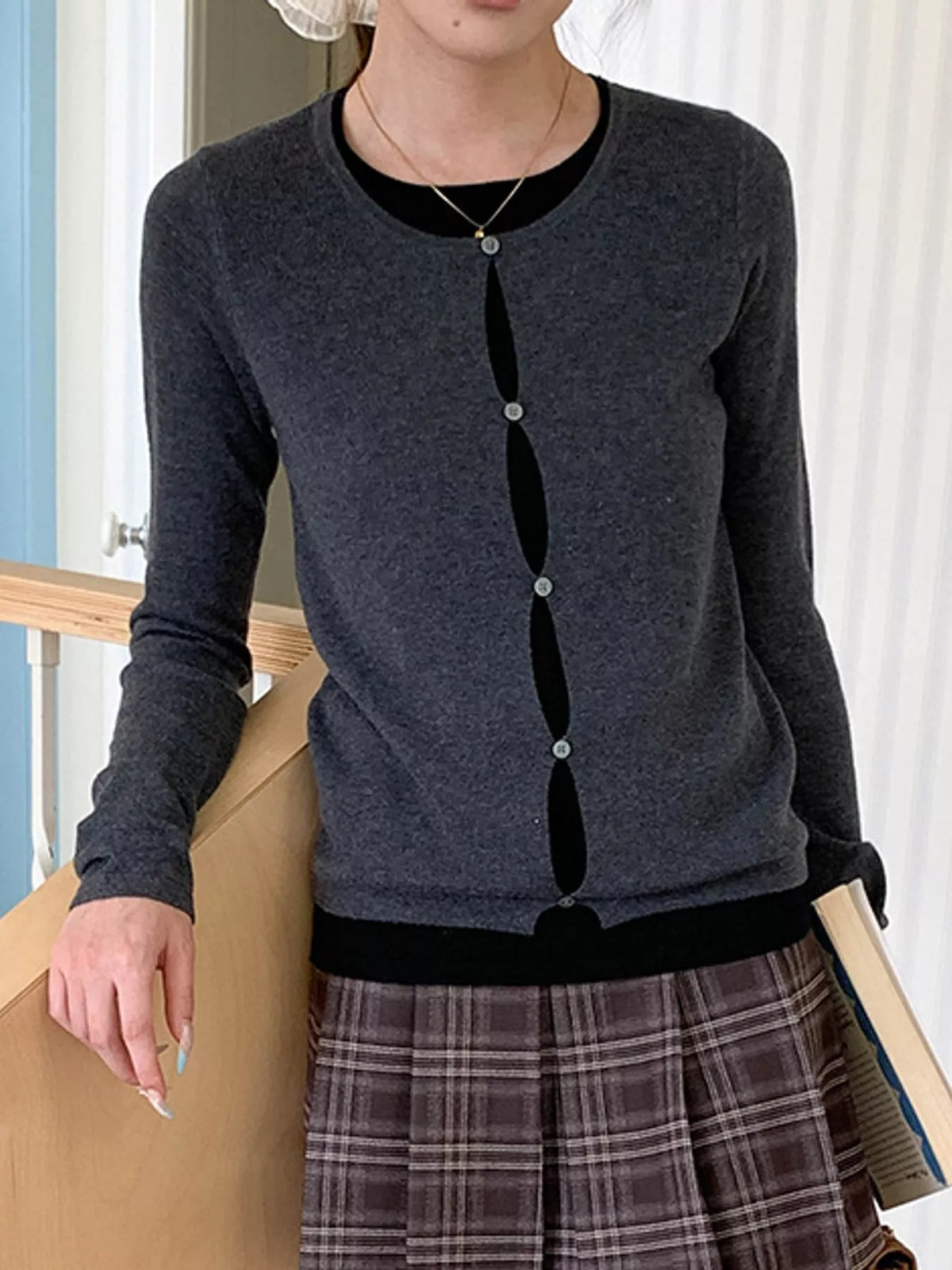 Layered knit top, gray front
