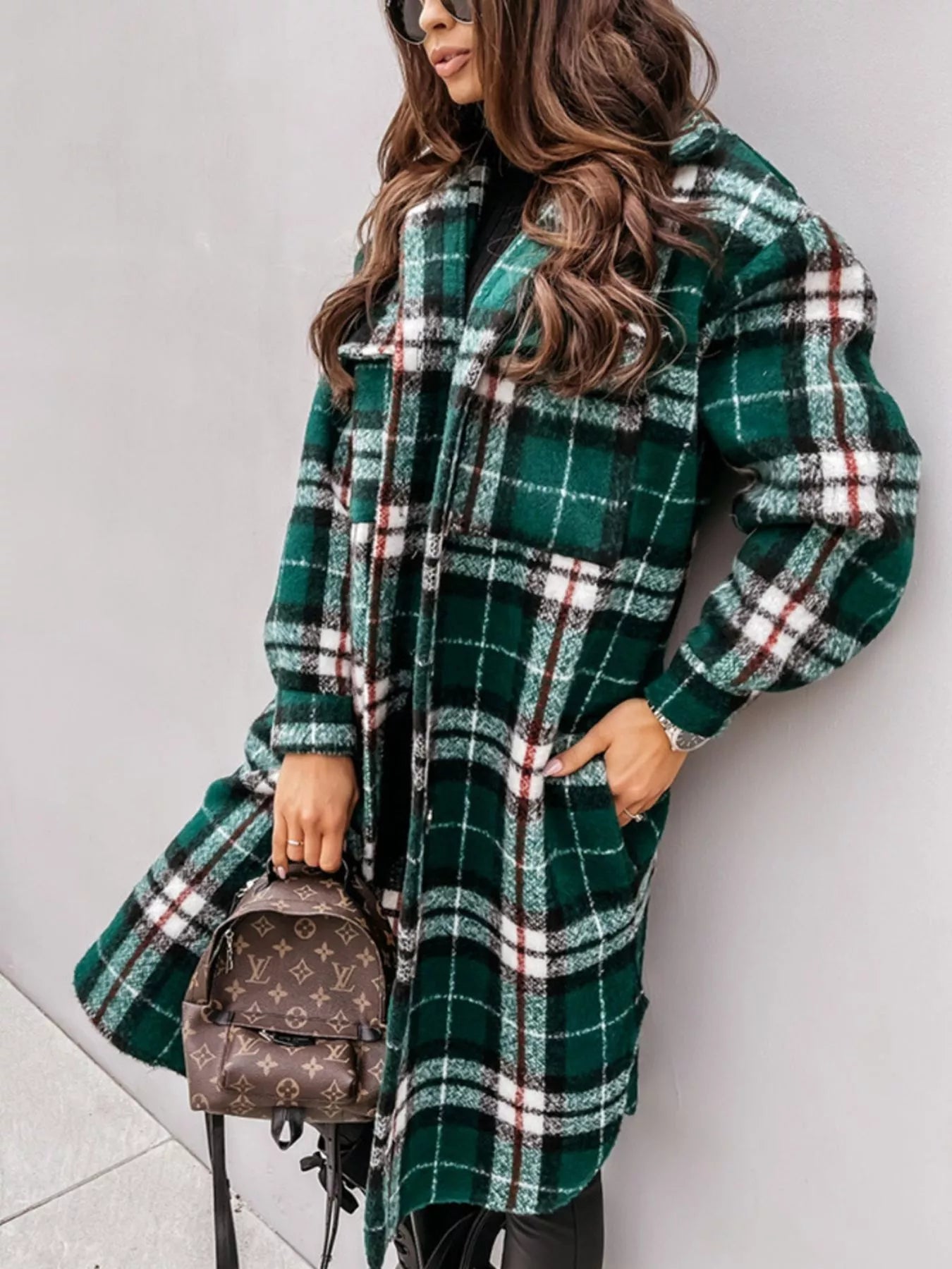 Trendsi Longline Plaid Button Up Coat -