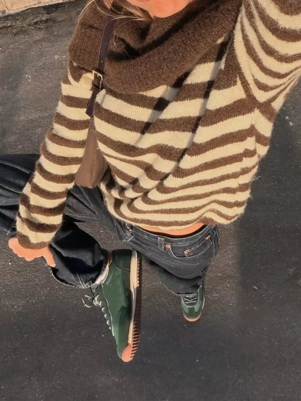 Coffee brown off-shoulder striped knit top
