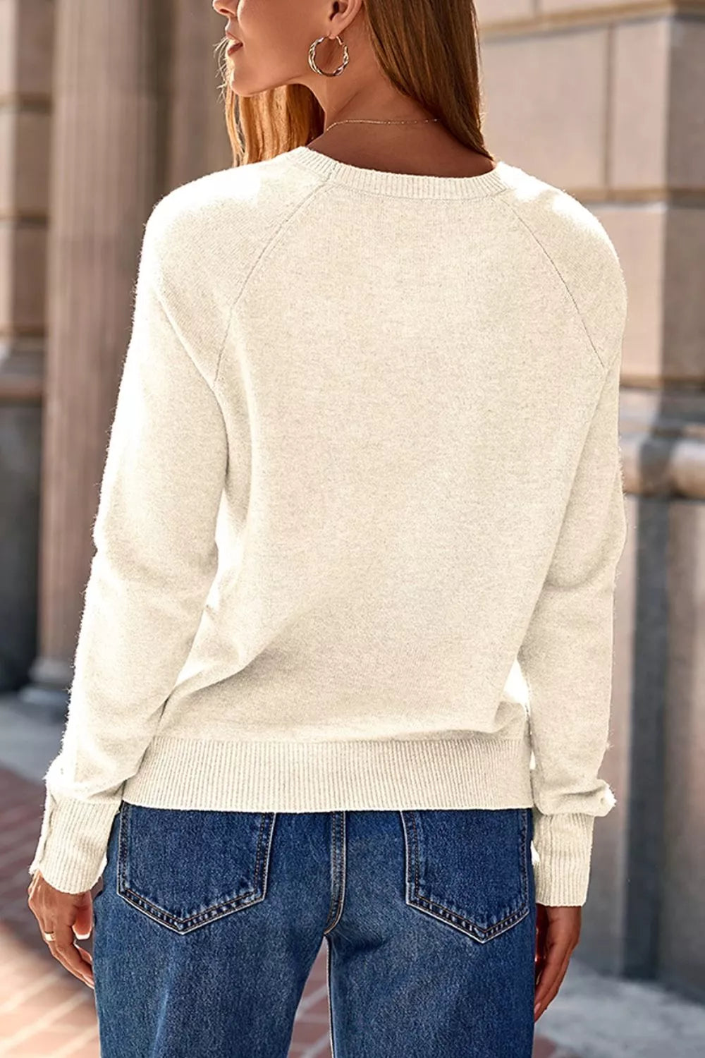 Trendsi Button-Cuff Crew Neck Sweater -