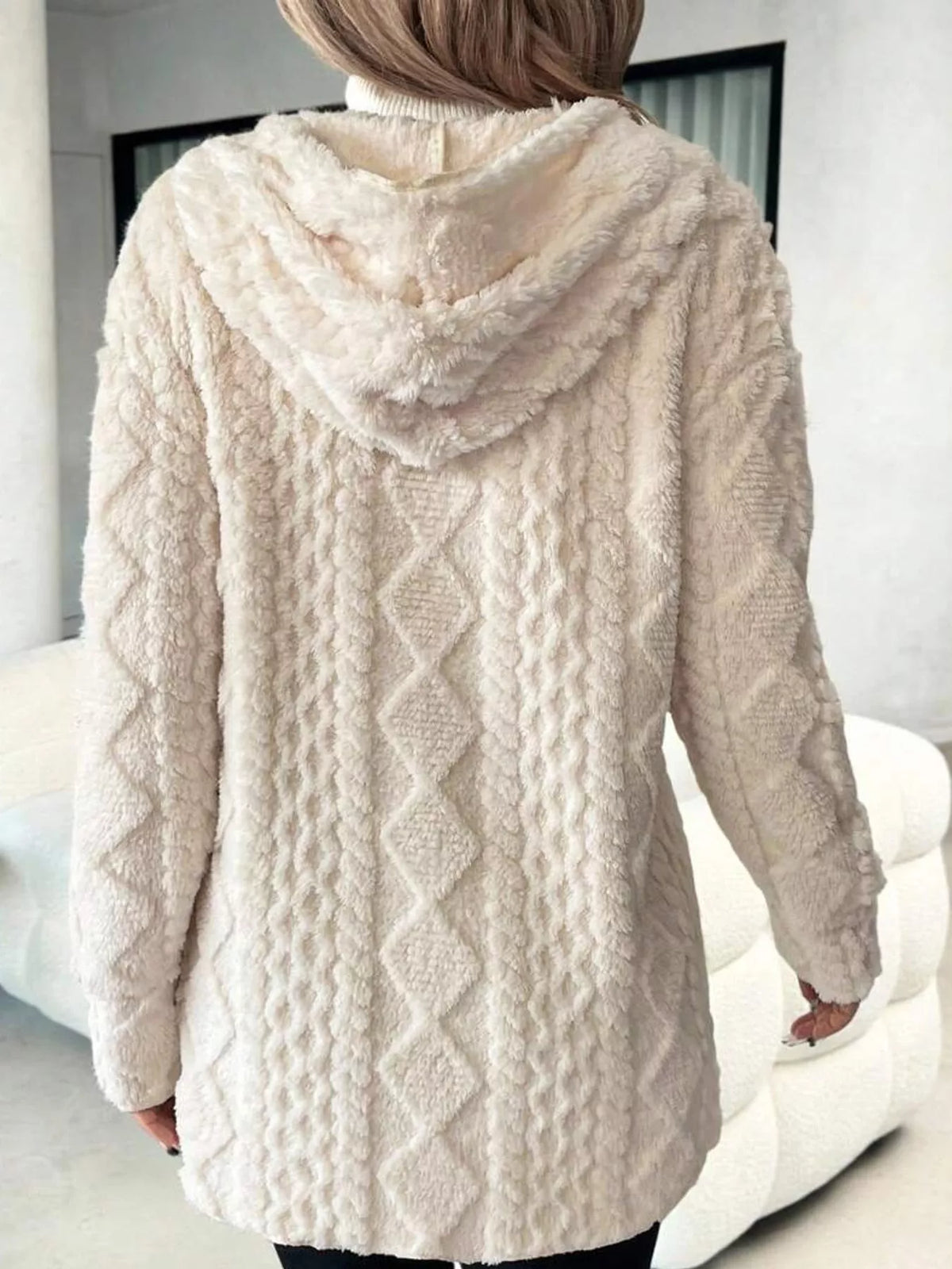 Cable Knit Zip-Up Hooded Cardigan, back view in cream