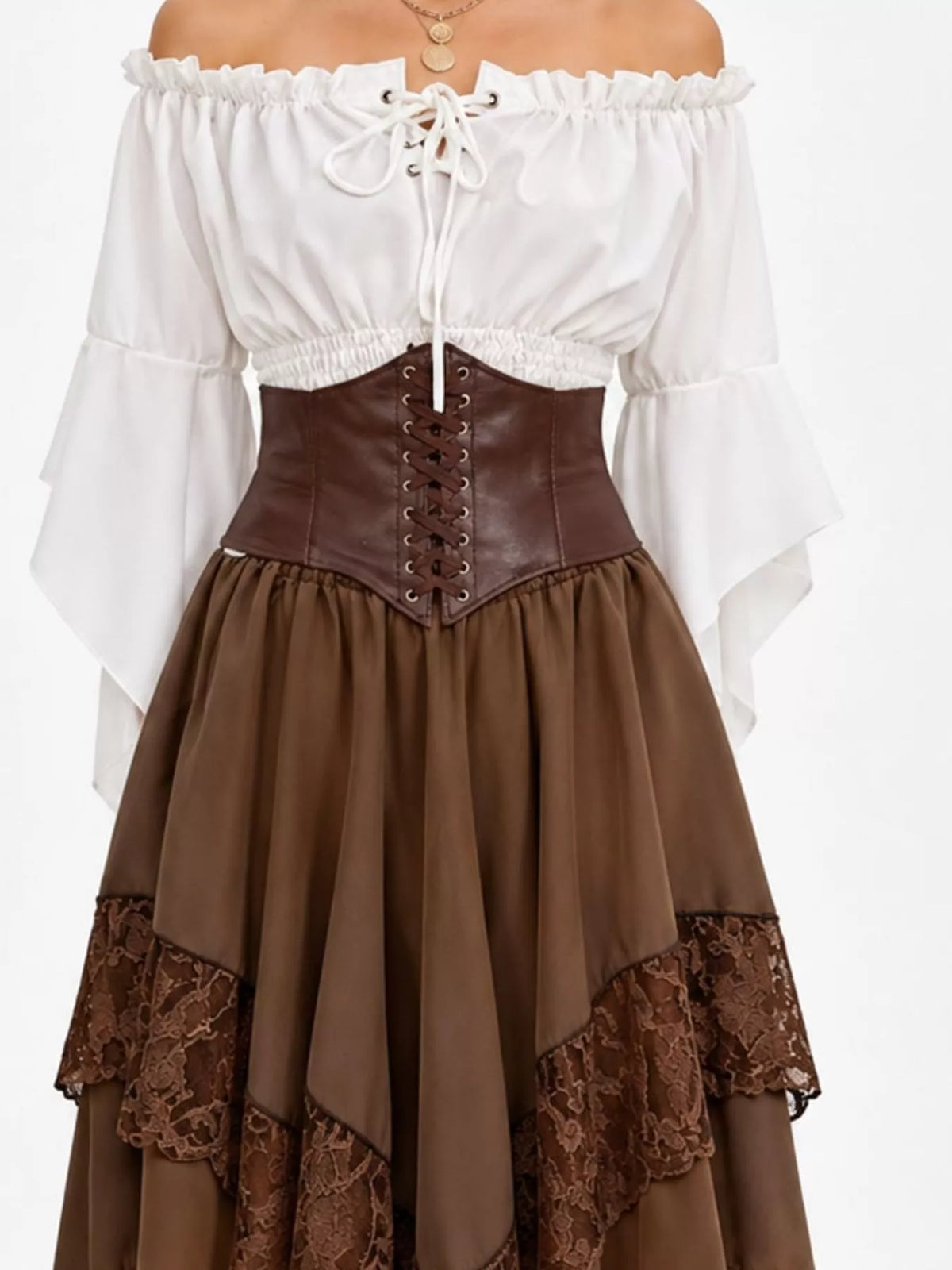 Brown skirt and white top off-shoulder top, waist band and skirt set — design and construction details