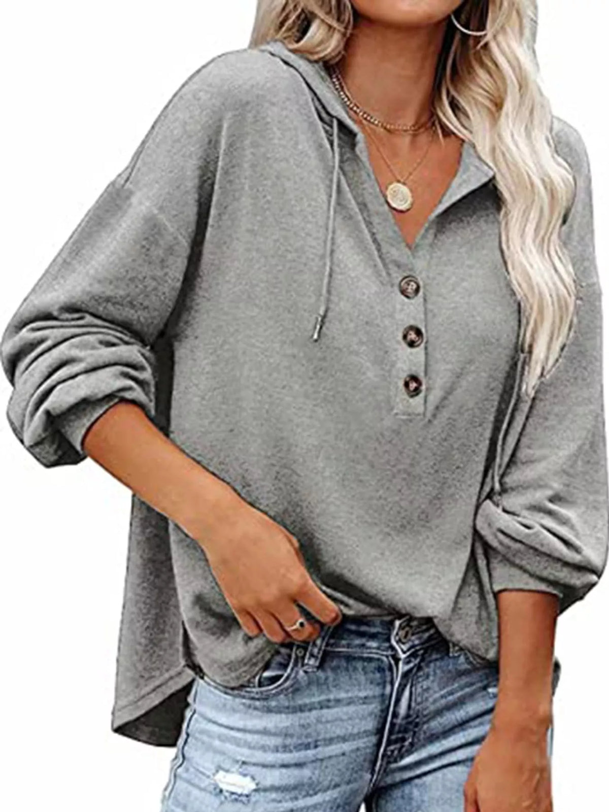 Women's Button Placket Drawstring Dropped Shoulder Hoodie in gray — front view