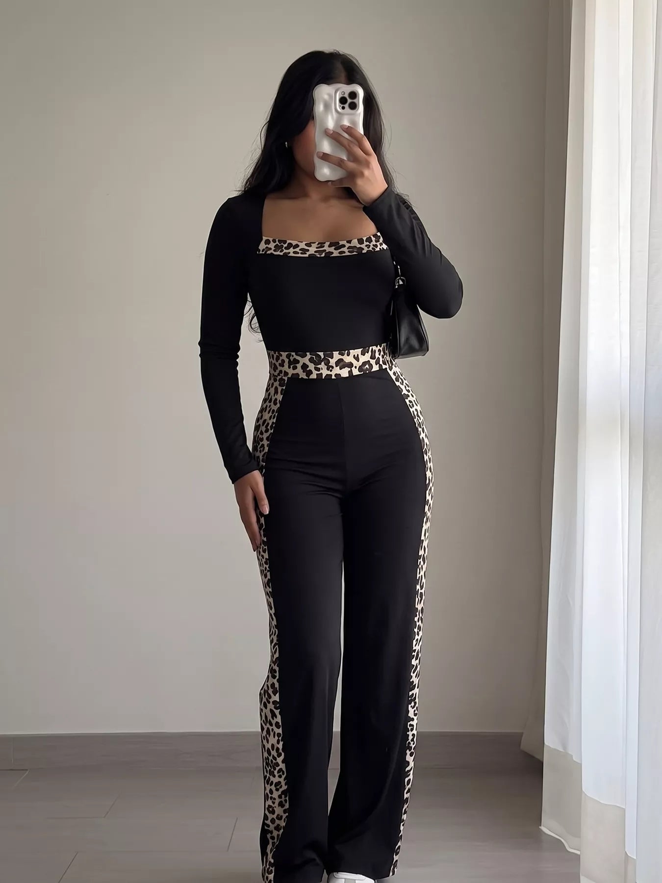 Trendsi Leopard Trim Long Sleeve Jumpsuit -