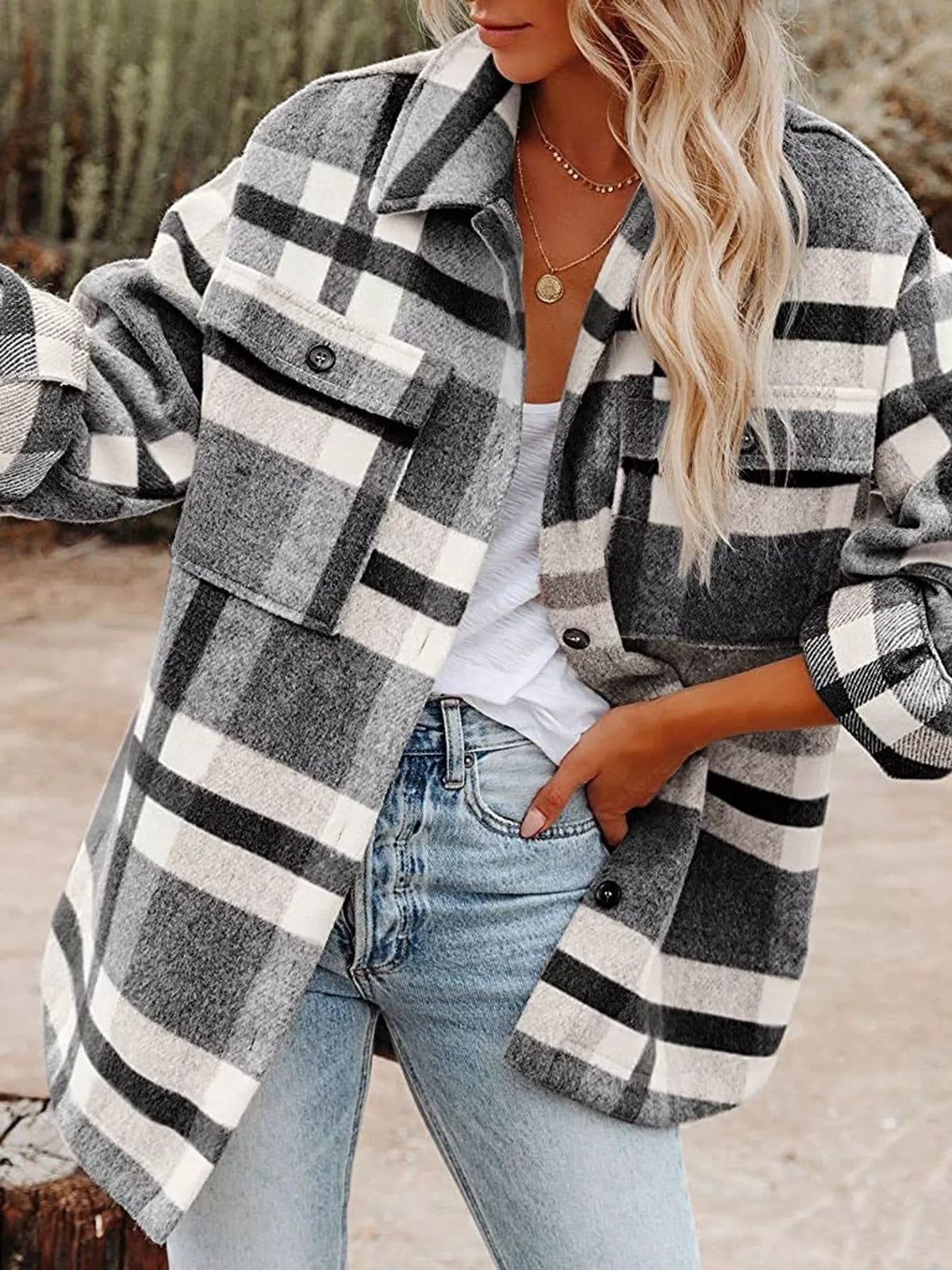 Collared long sleeve jacket, front view on model