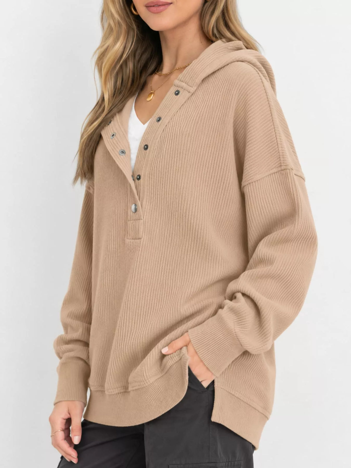 Women's Snap Button Placket Dropped Shoulder Hoodie in tan — side view