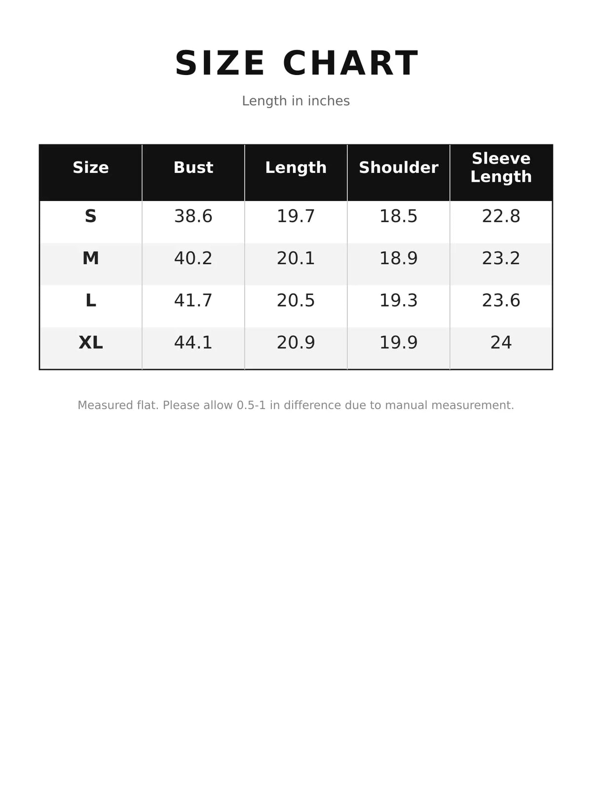 long sleeve blazer, size and measurement chart