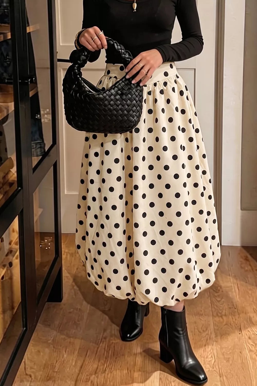 Polka dot bubble hem midi skirt