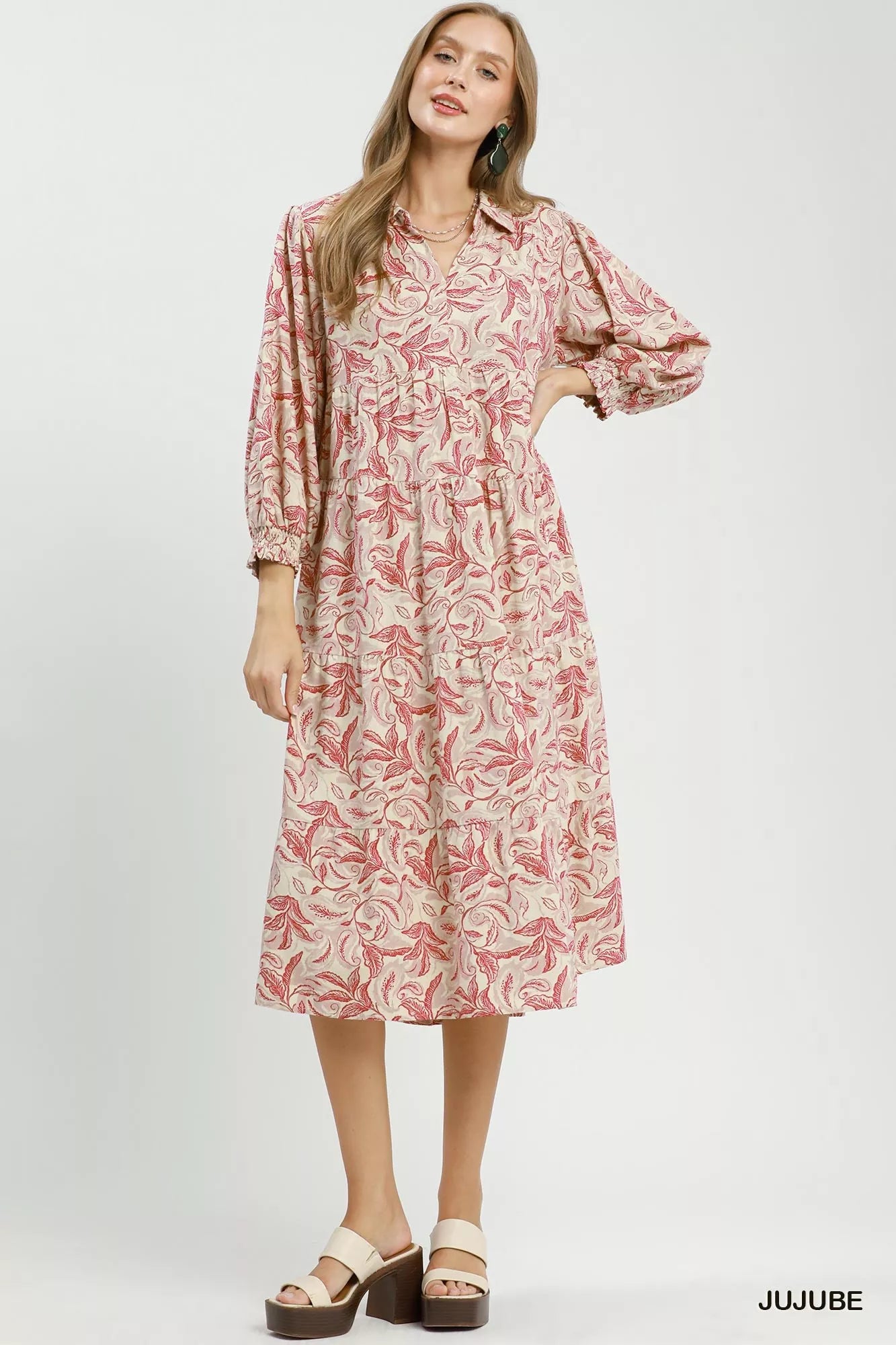Trendsi Umgee Linen Botanical Print Tiered Midi Dress -