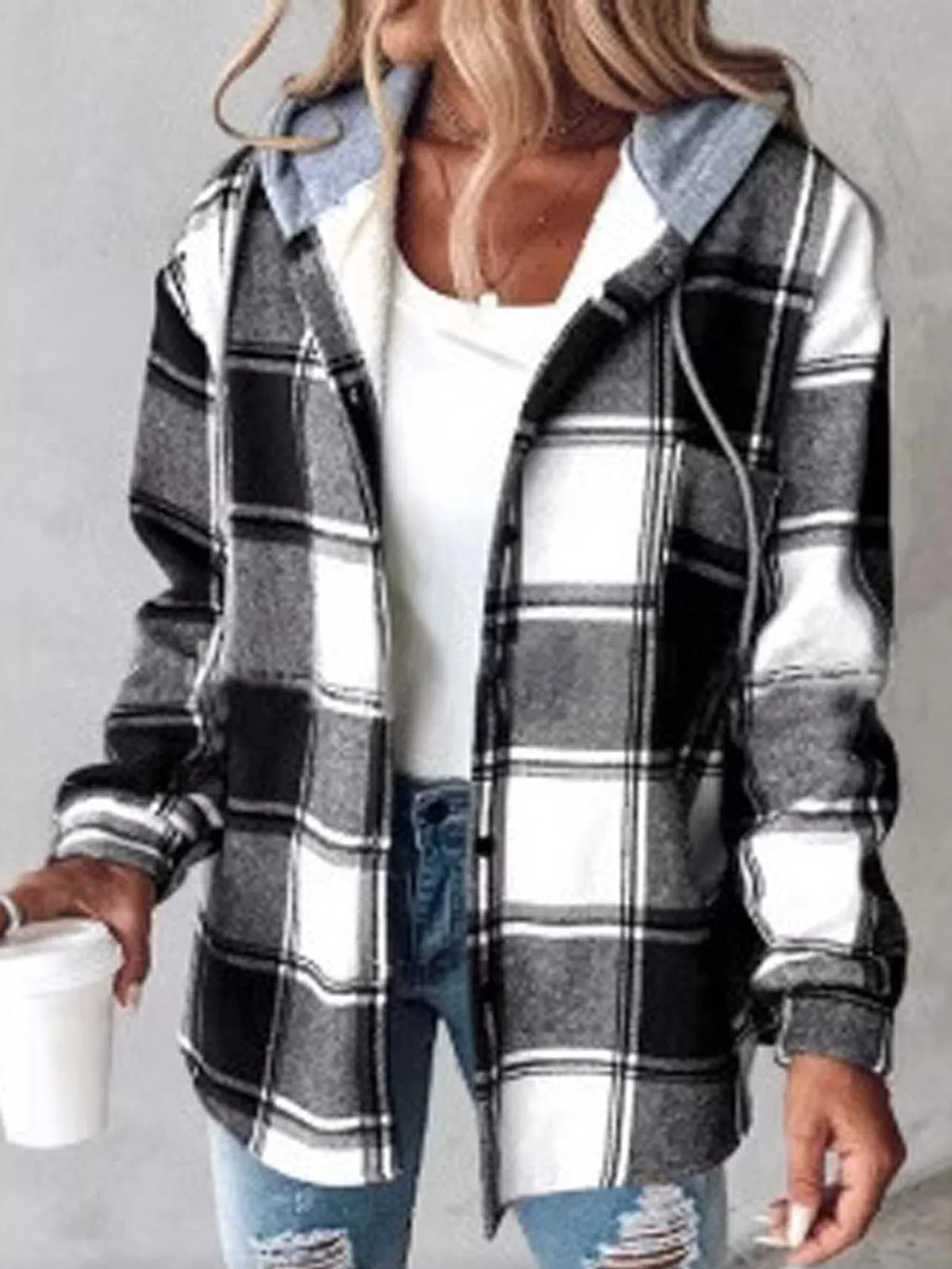 Button-Down Printed Contrast Hooded Shacket — front view