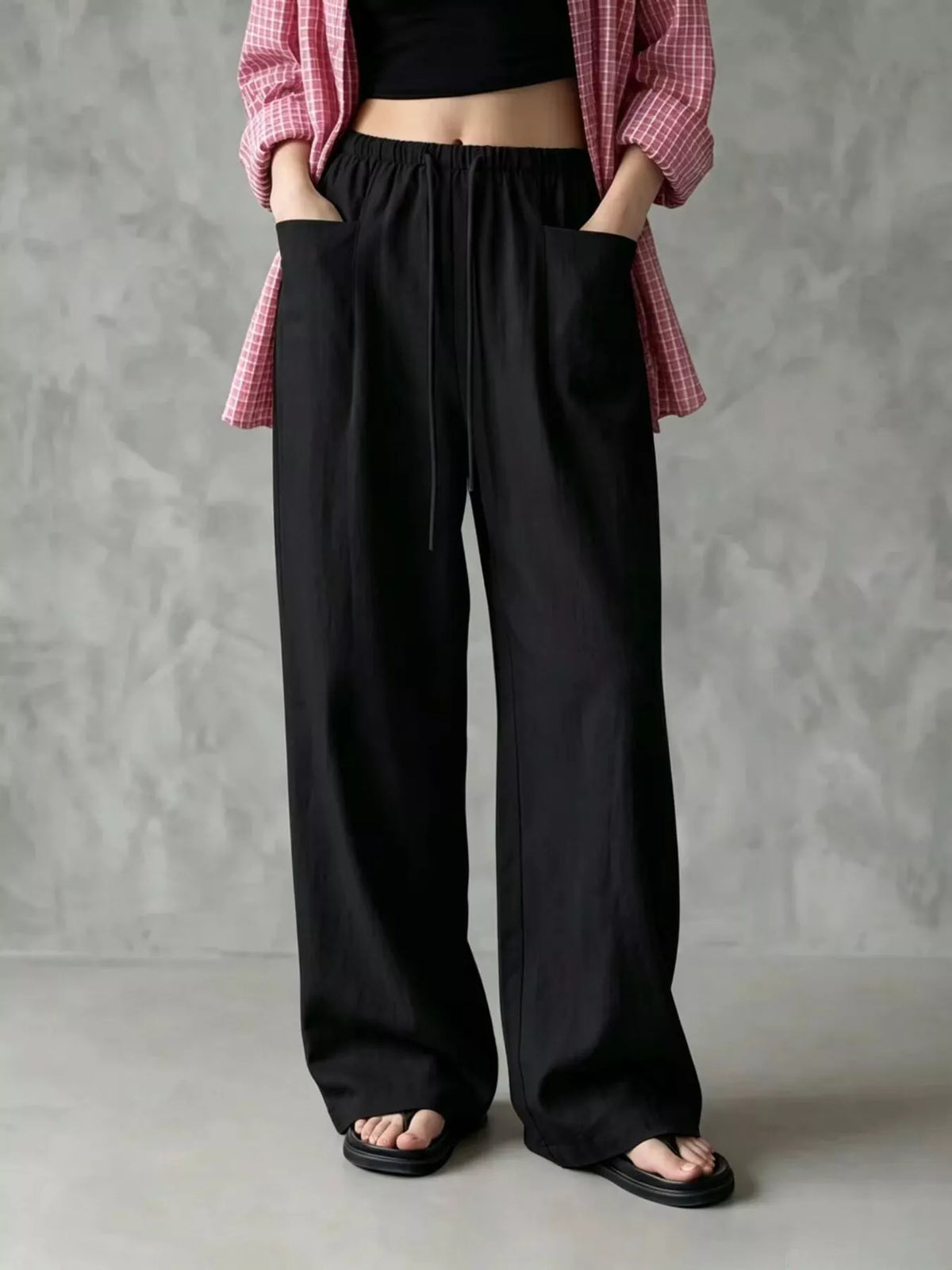 Women's Drawstring Wide-Leg Casual Pants in black — front view
