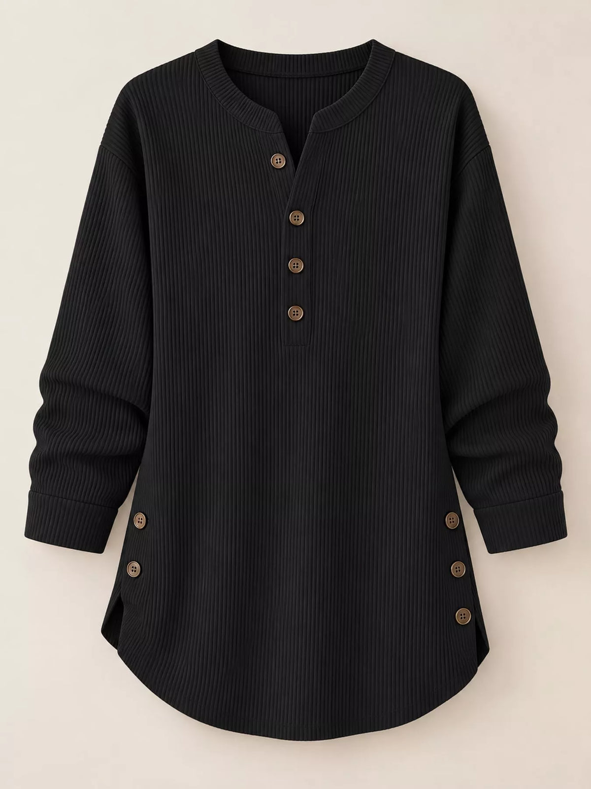 Black button detail long sleeve top, front view