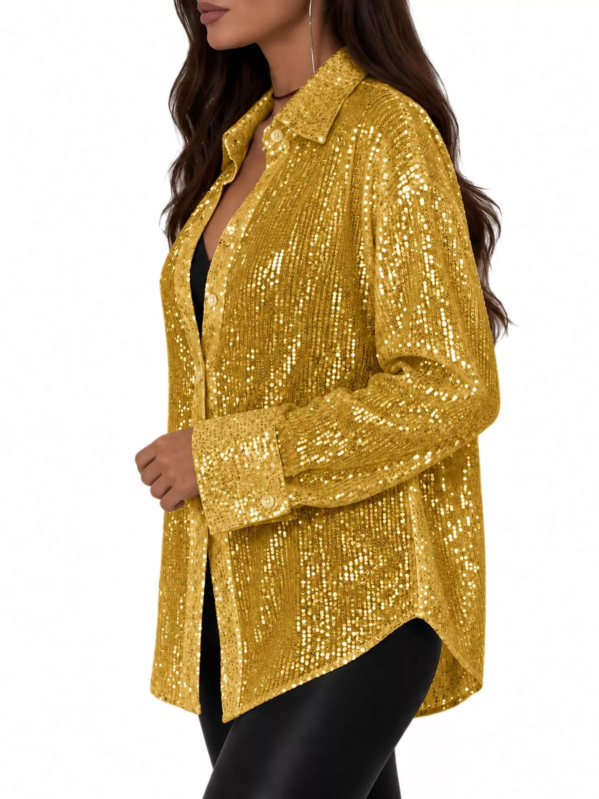 Gold sequin button up long sleeve shirt