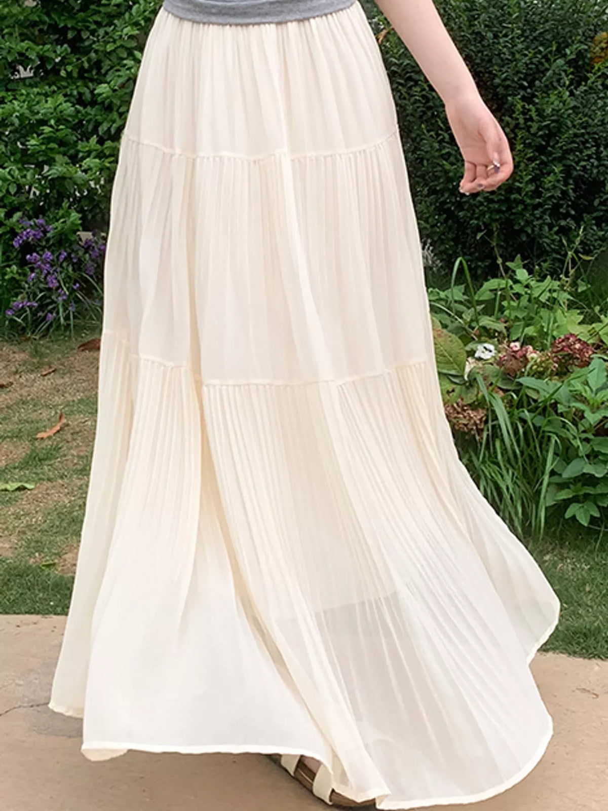 High-Waisted Tiered Pleated Maxi Skirt, front view