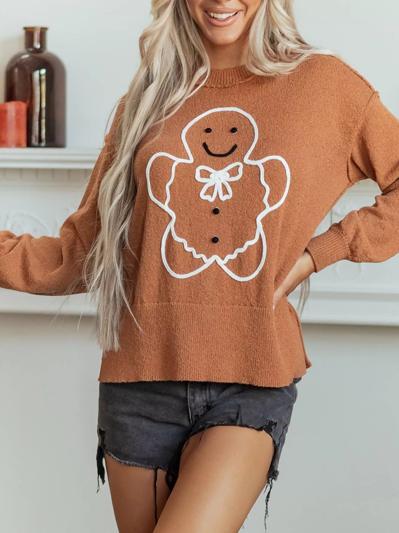 Trendsi Oversized Drop Shoulder Round Neck Christmas Sweater -