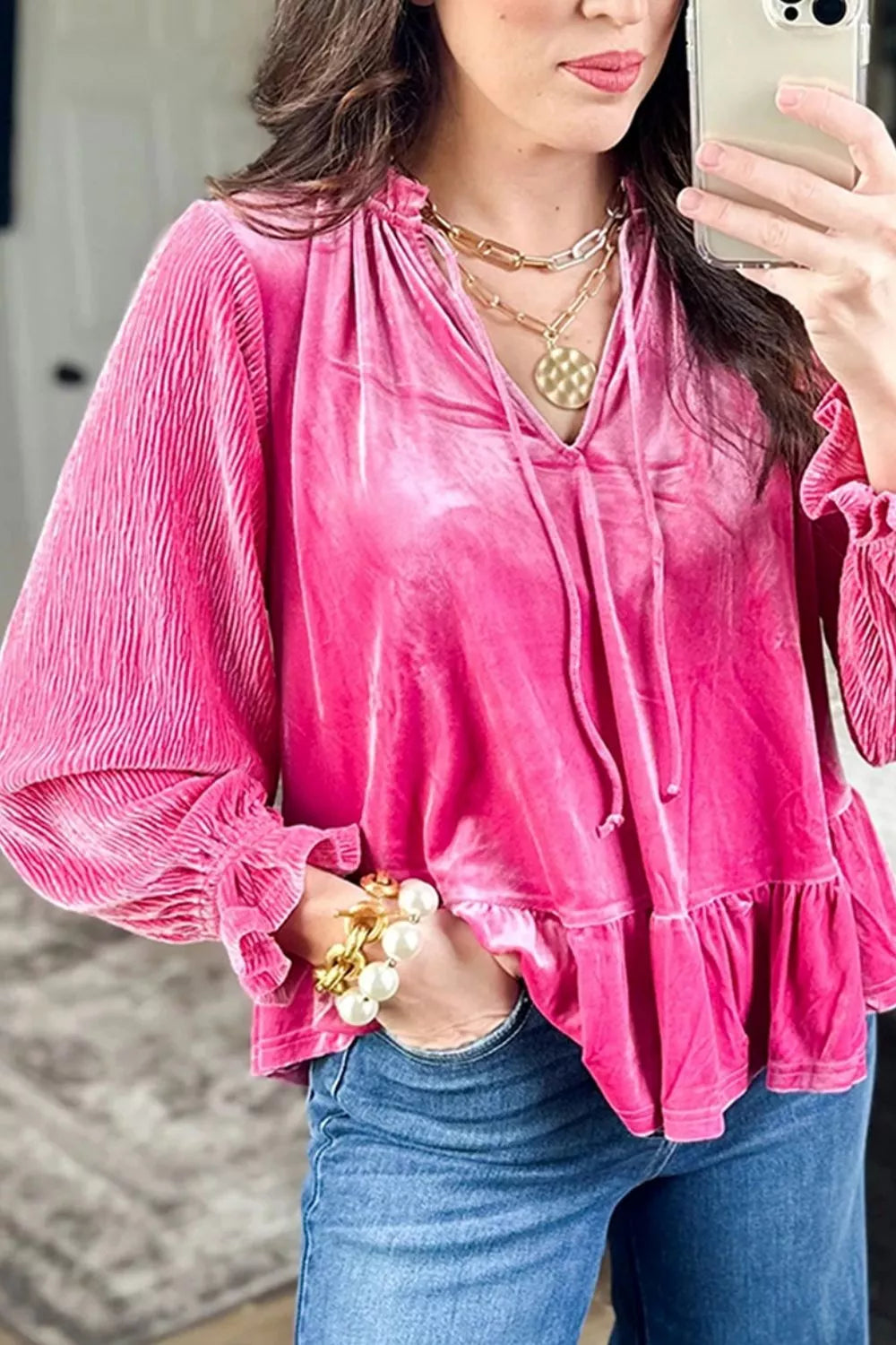 Trendsi V Neck Velvet Ruffled Cuffs Hem Long Sleeve Top -