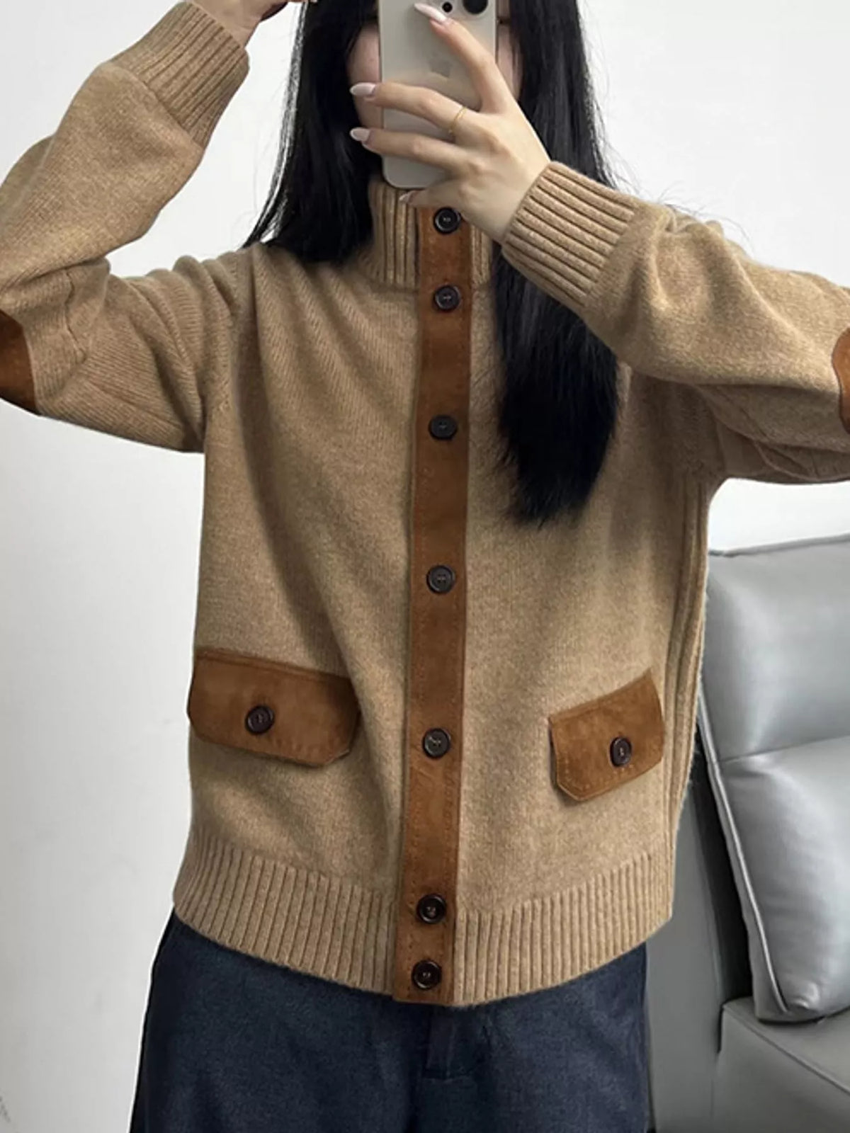 Ribbed-Knit Mock Neck Cardigan in camel, front view