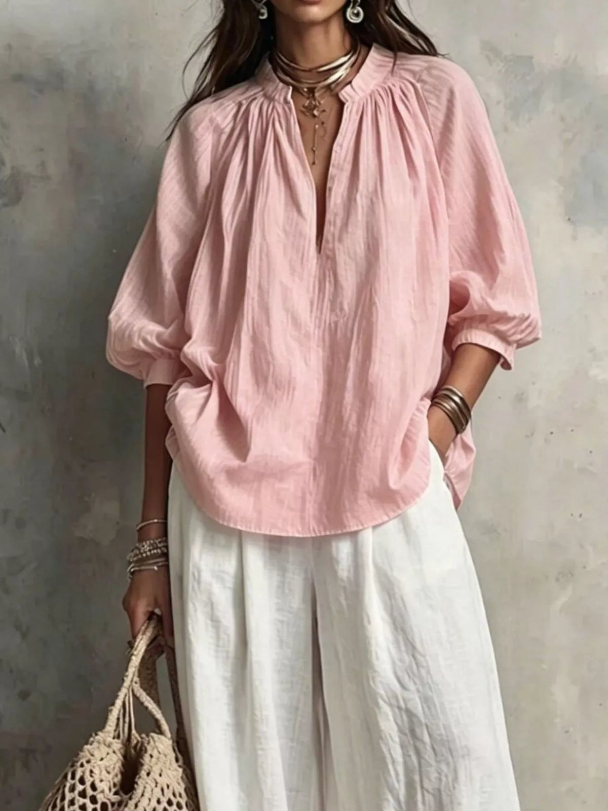 Blush Pink Notched Long Sleeve Blouse & White Wide-Leg Pants Set blouse detail