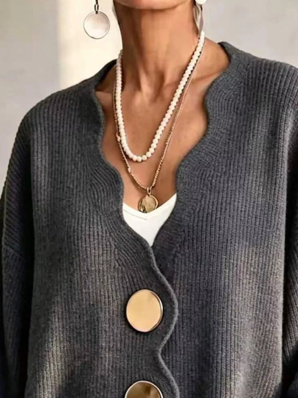 Women's Scalloped-Edge Oversized Button-Down Cardigan in Black, alternate view
