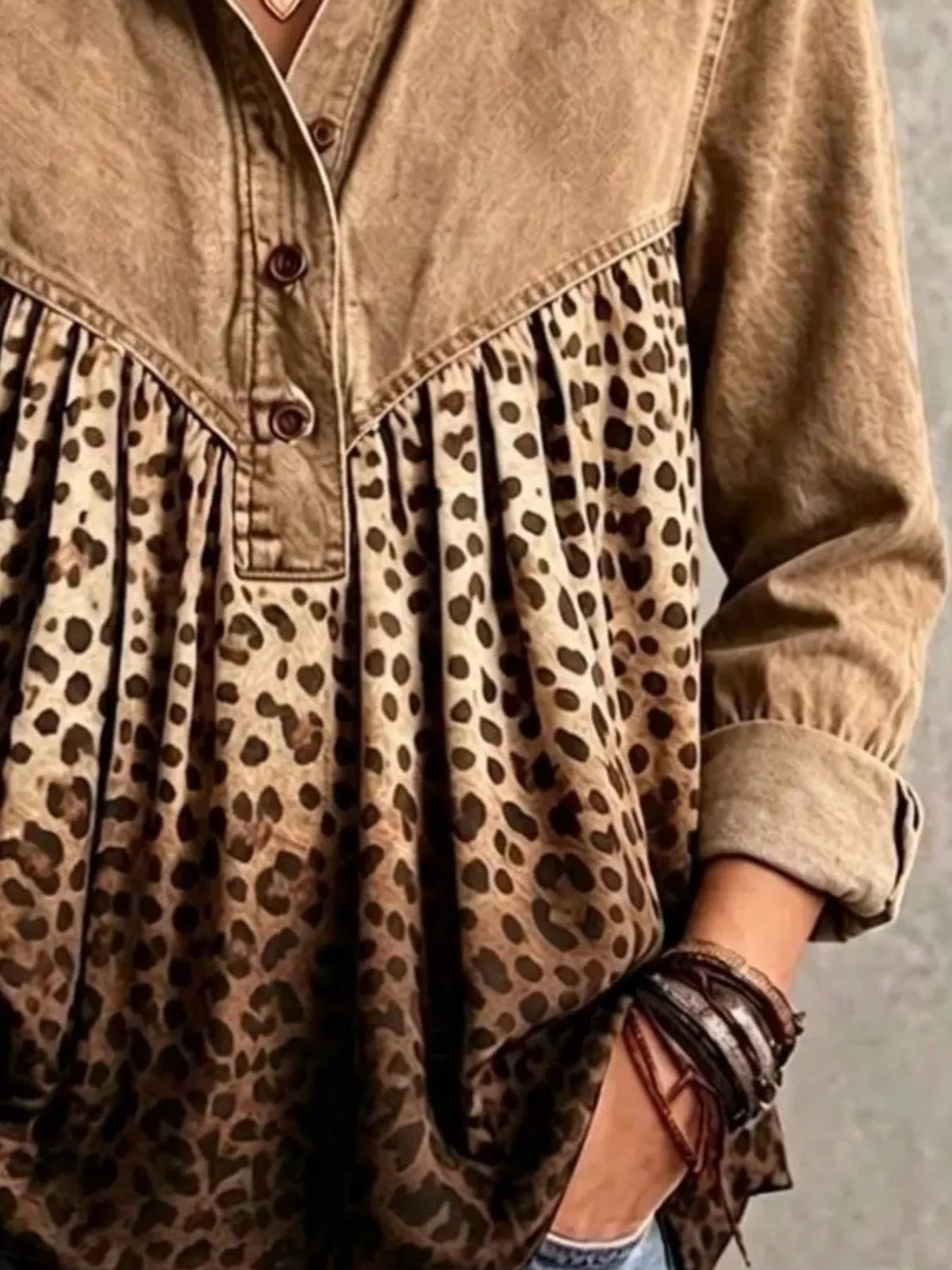 Camel leopard-panel button-front blouse, button-placket and leopard-panel detail