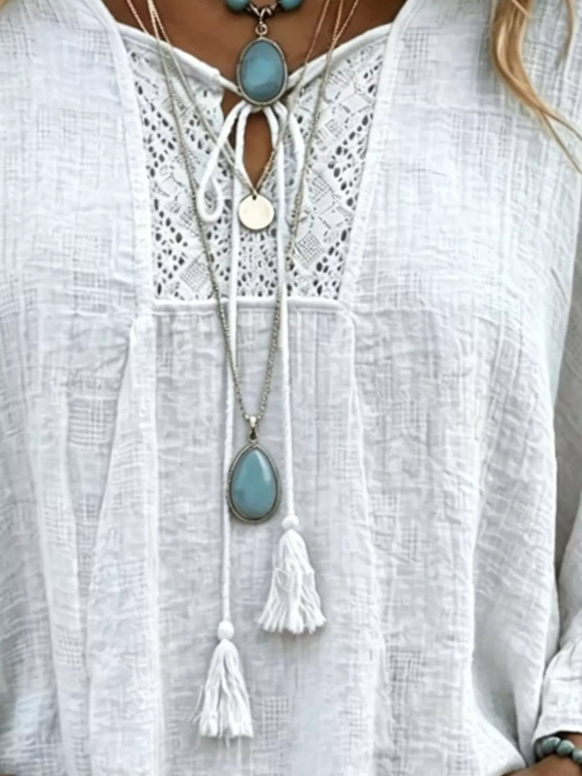 Trendsi Full Size Tassel Tie Neck Ruffled Hem Blouse Plus Size -