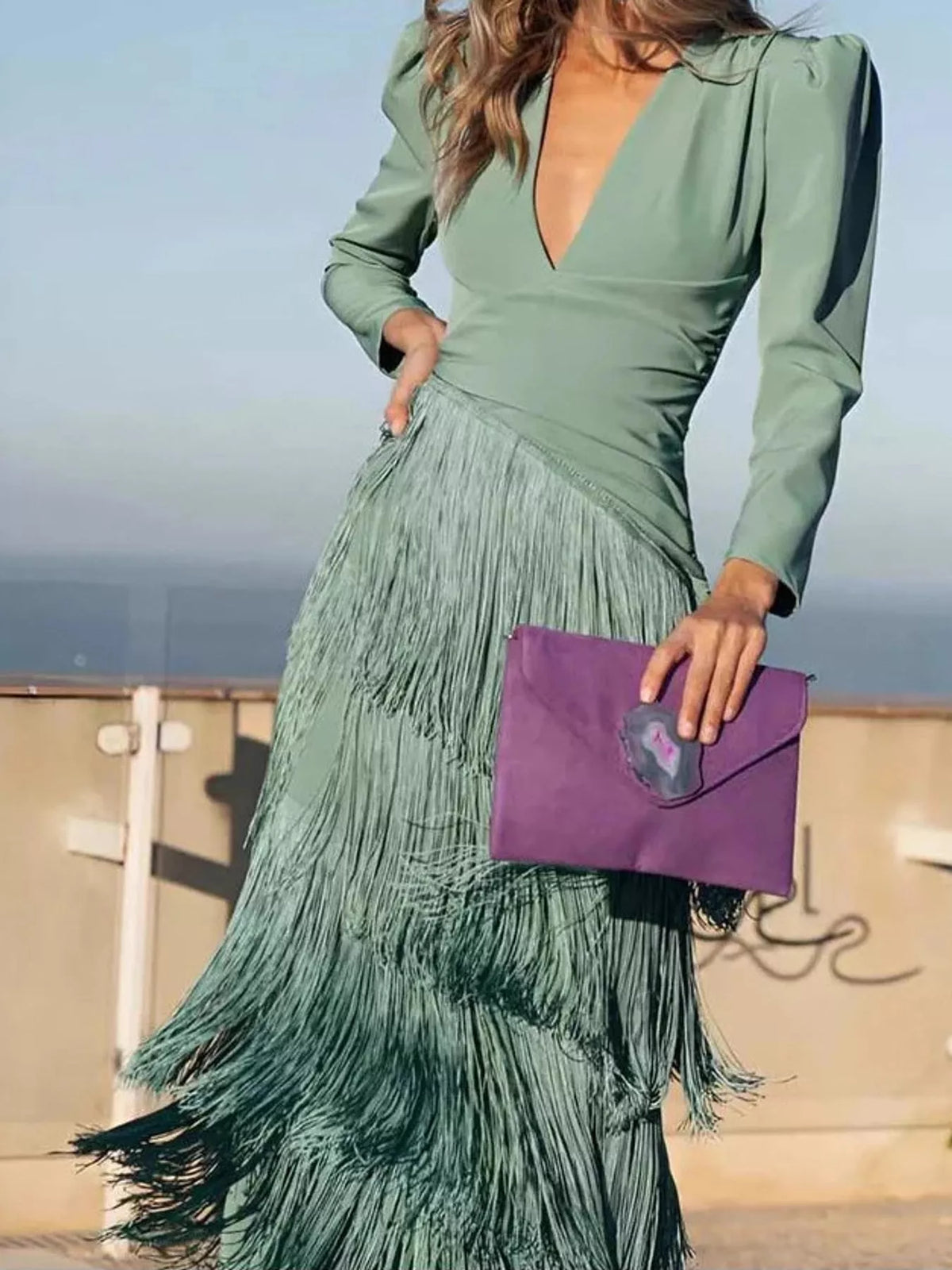 Women's Fringed V-Neck Puff Sleeve Midi Dress in sage — front view