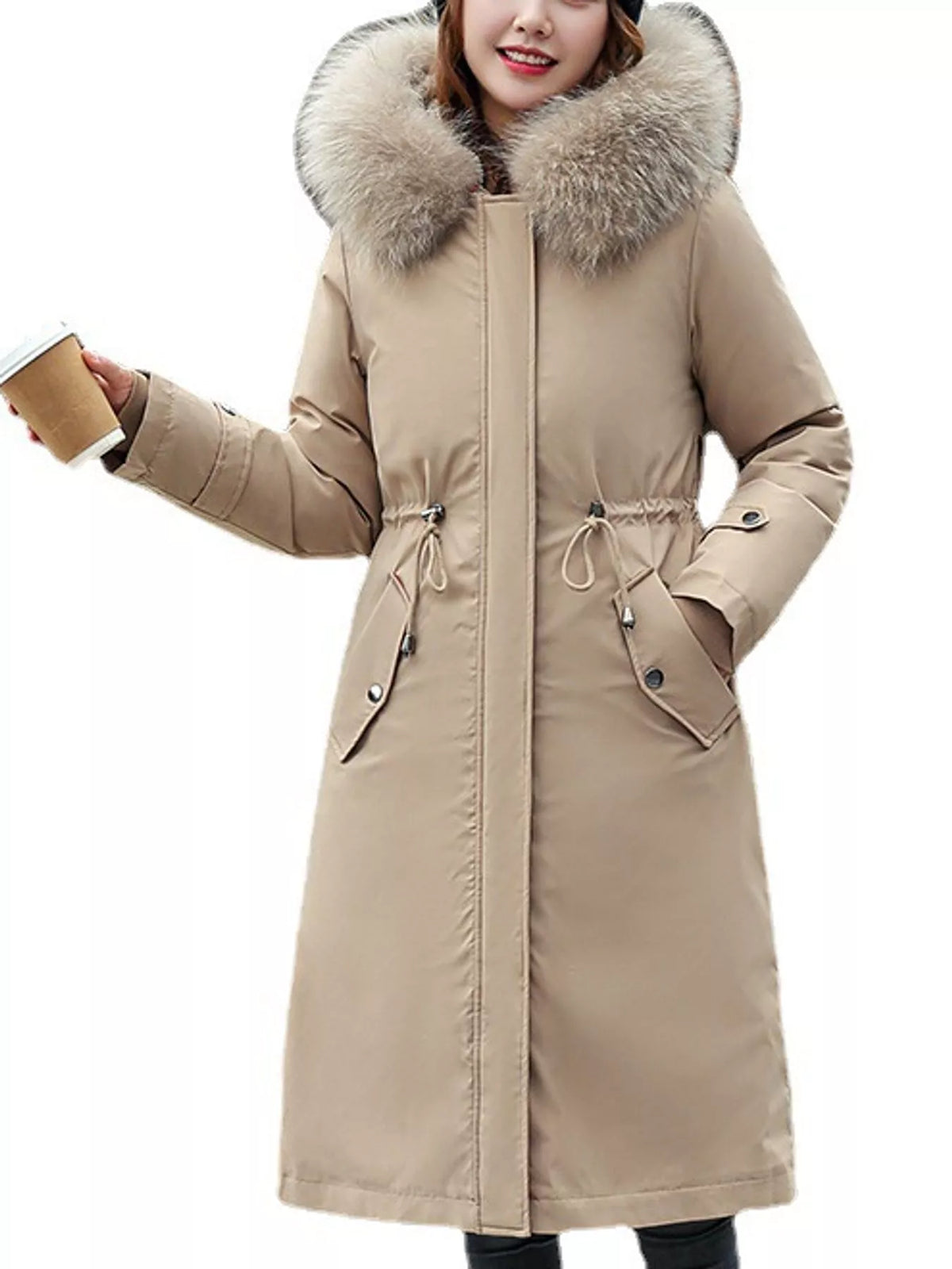 Faux-fur-trim parka, beige zipped front