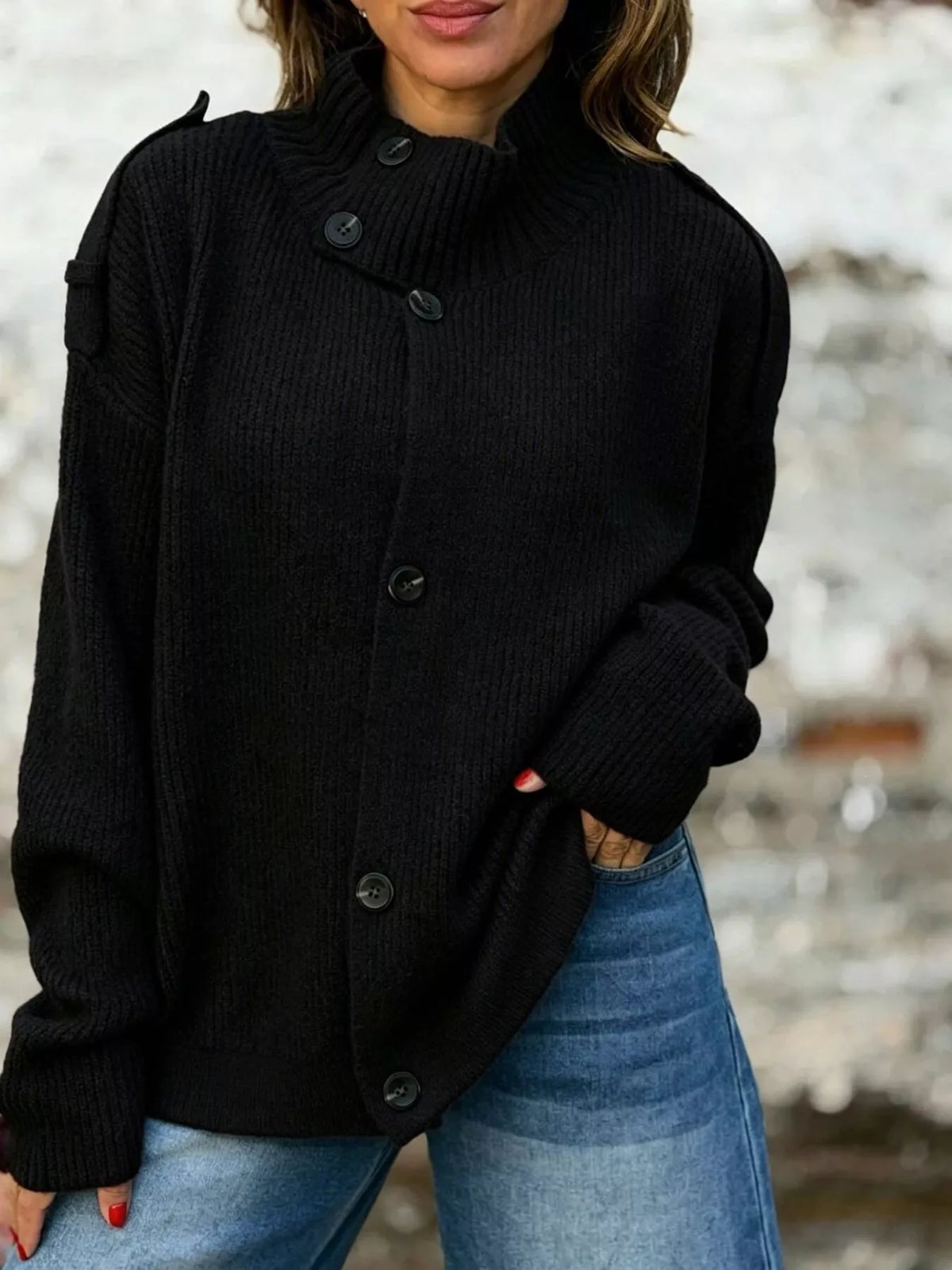 Button-Up Mock Neck Cardigan in black, front view