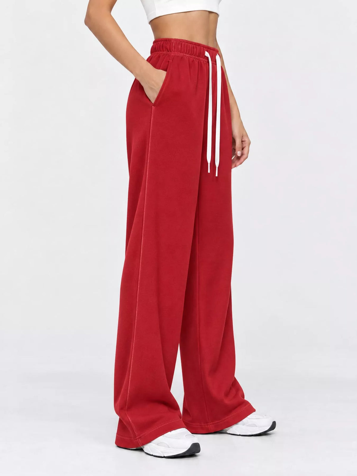 Red wide-leg pants with drawstring