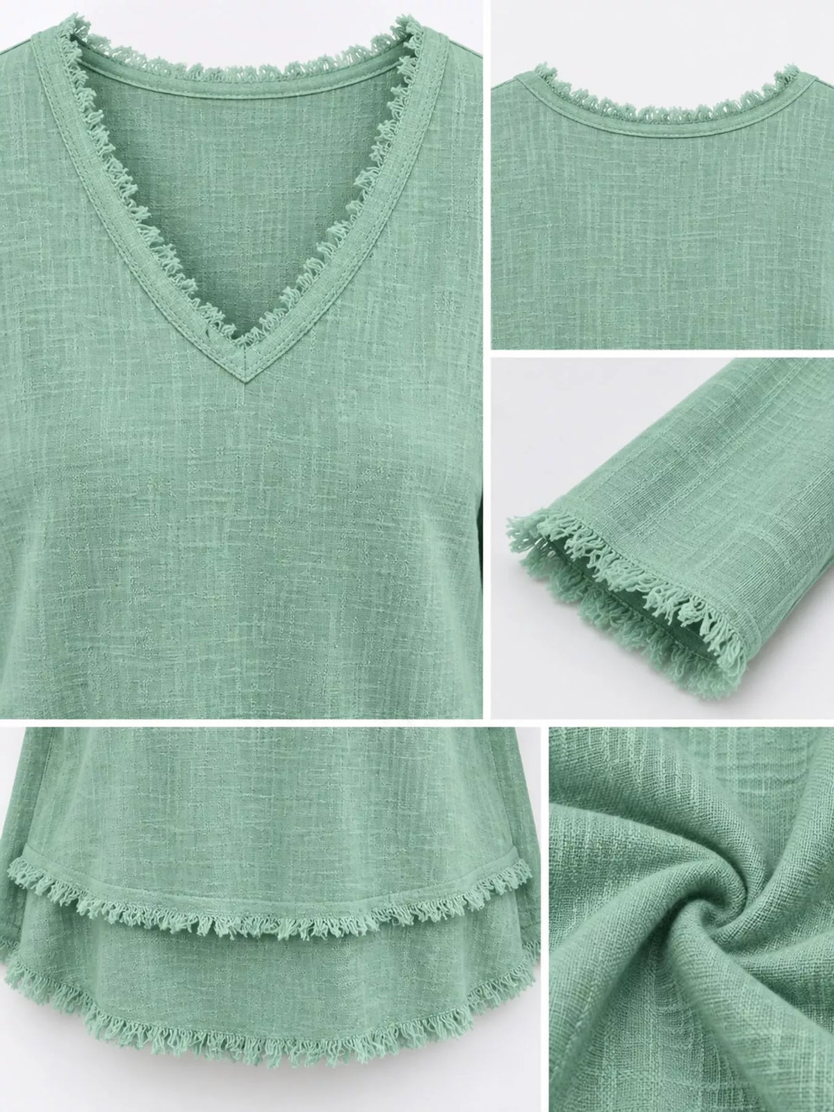 Frayed-hem blouse, sage neckline hem cuff collage