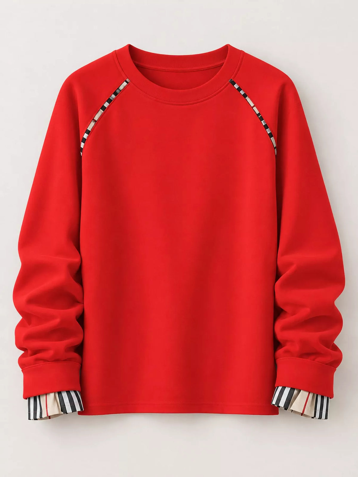 Plaid-trim sweatshirt, red flat lay