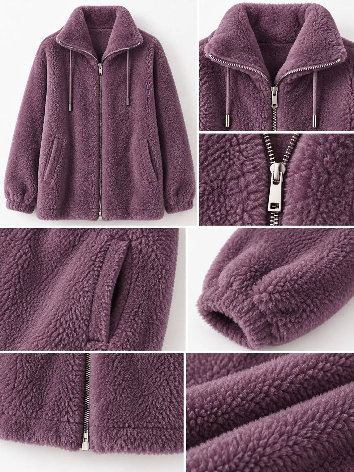 Faux-fur jacket, purple detail collage