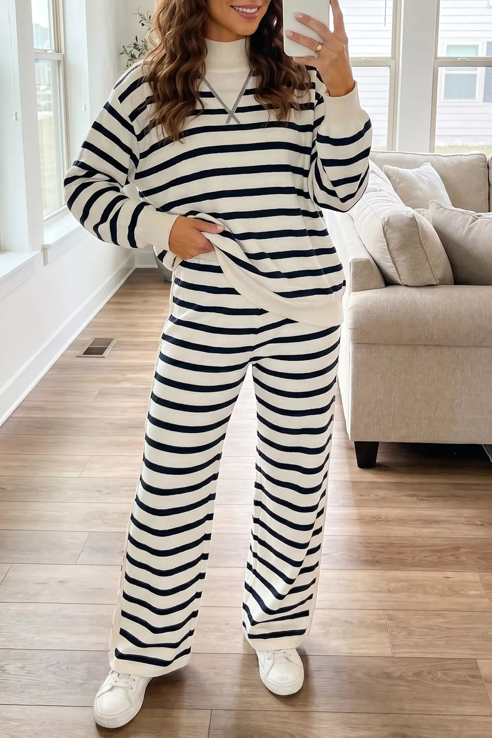 Women's Striped Long Sleeve Top and Wide-Leg Pants Set in White, alternate view