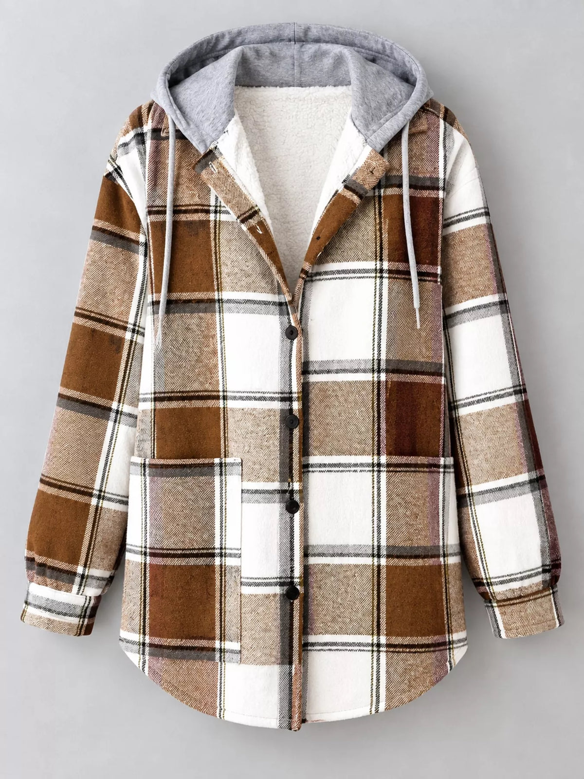 Button-Down Printed Contrast Hooded Shacket — garment front