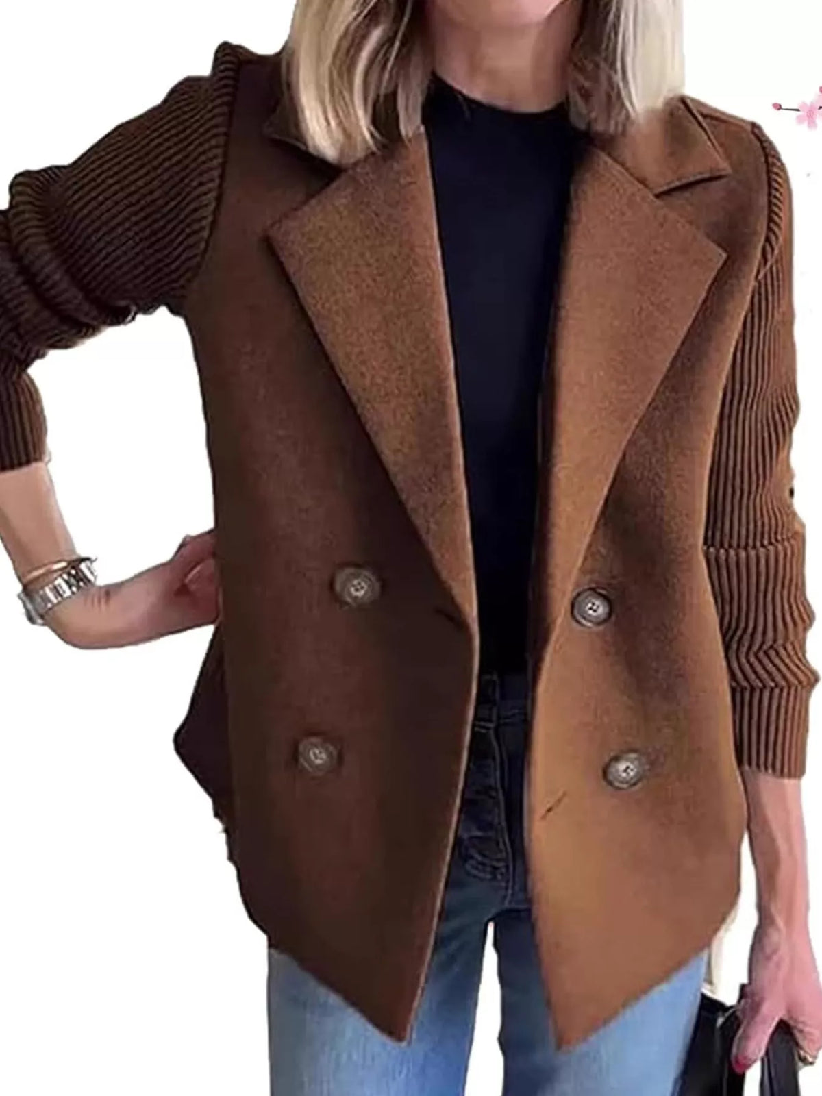 Dark Brown double-breasted blazer with ribbed knit sleeves