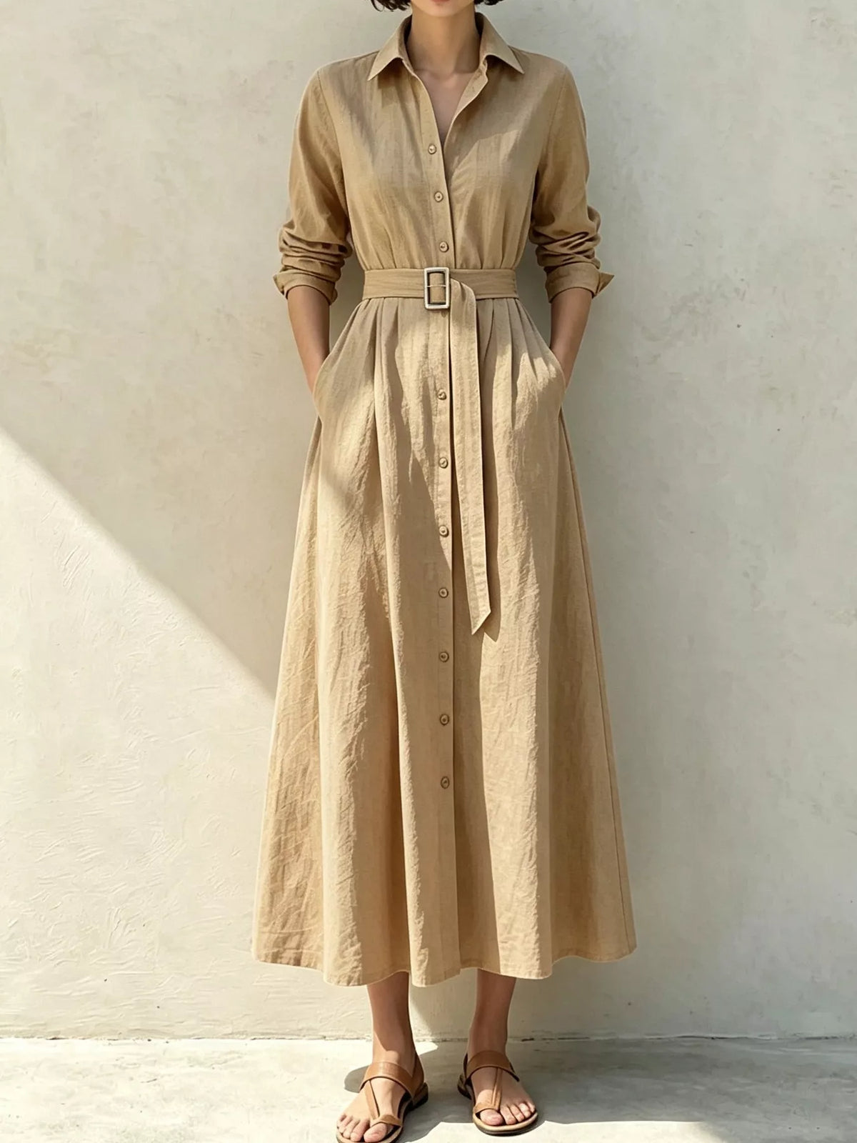 Button-Down Midi Shirt Dress with Pockets, front view