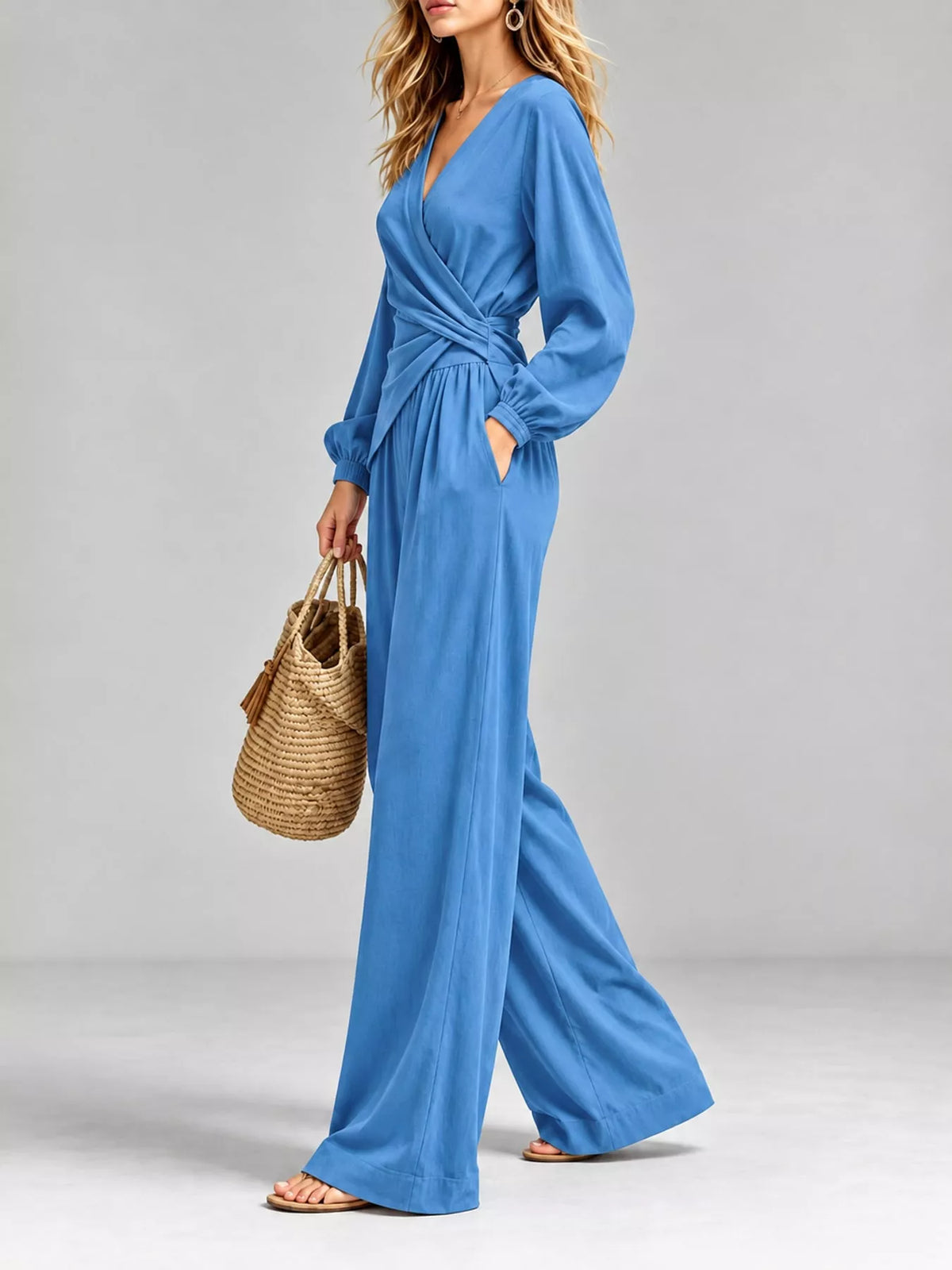 V-Neck Long Sleeve Top and Wide-Leg Pants Set — side view