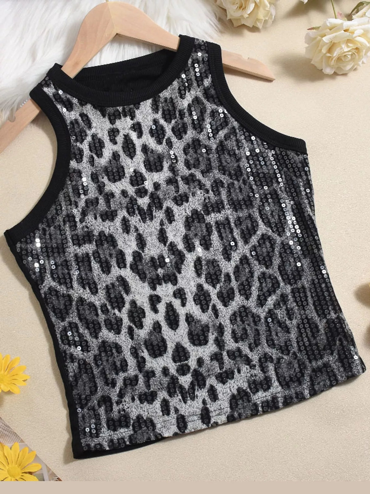 Gray sequin round neck tank